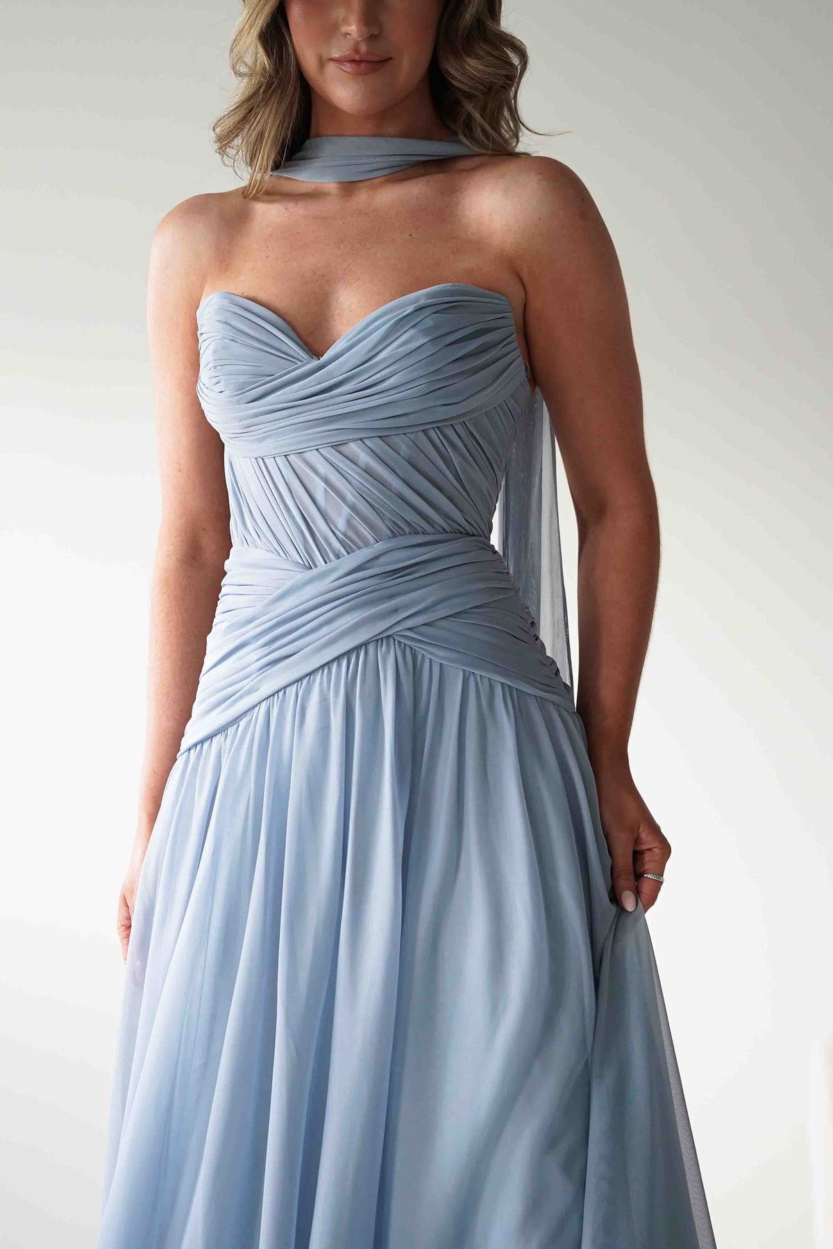 Nicolette Strapless Chiffon Maxi Gown | Dusty Blue-Oh Hello Clothing