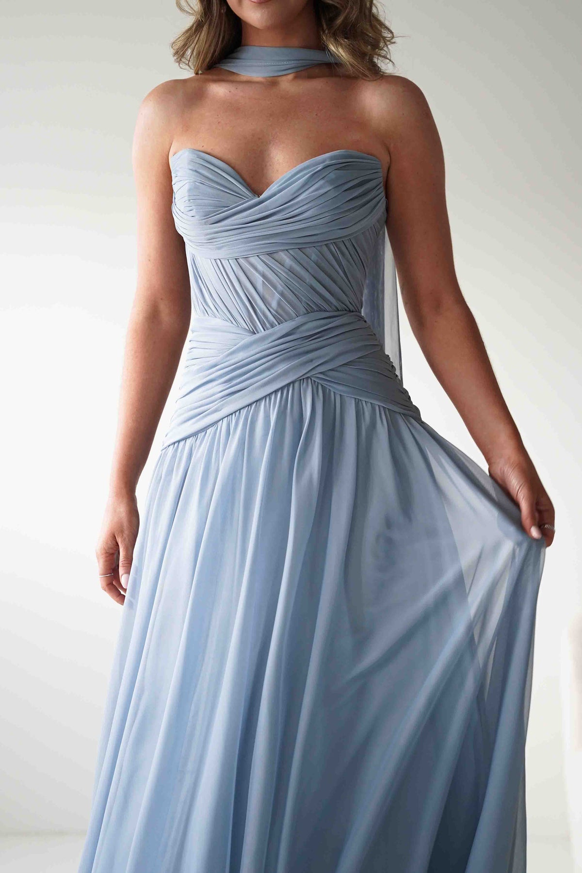Nicolette Strapless Chiffon Maxi Gown | Dusty Blue-Oh Hello Clothing