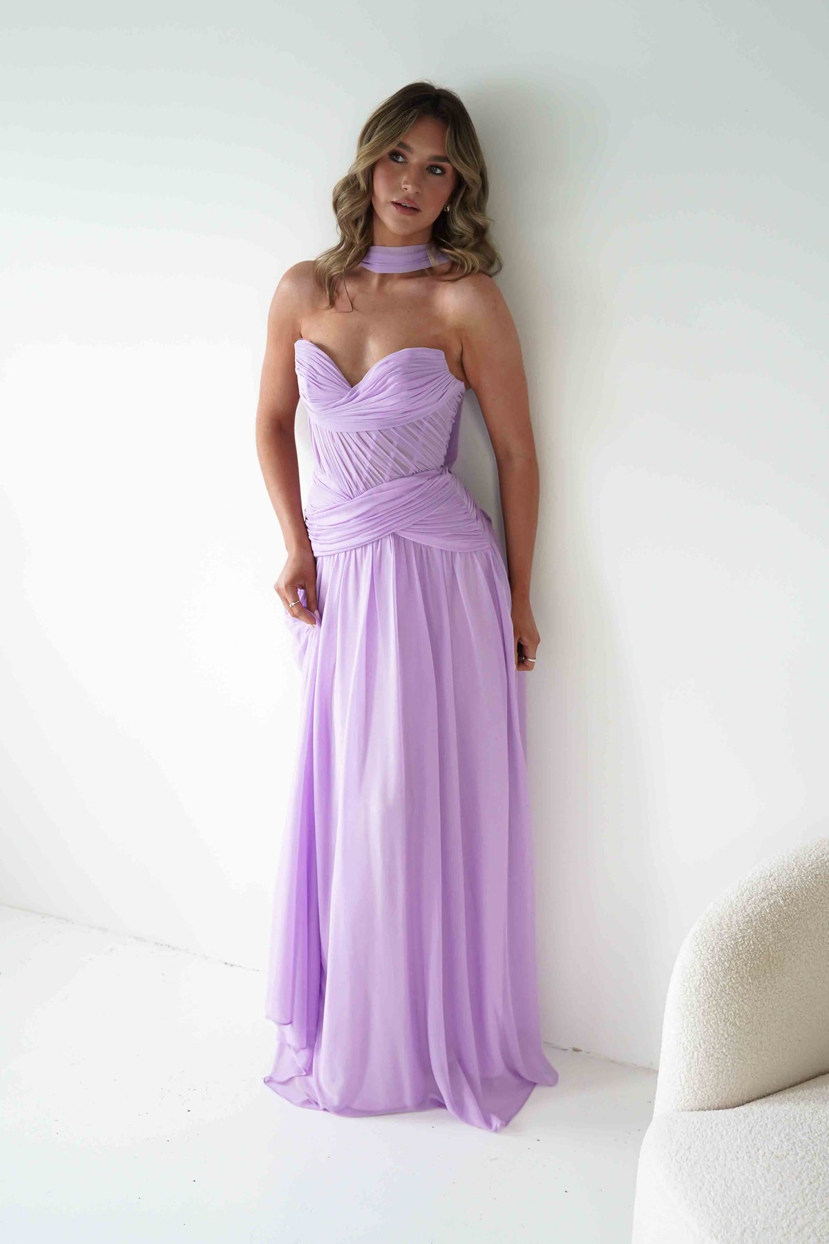 Nicolette Strapless Chiffon Maxi Gown | Lavender-Oh Hello Clothing