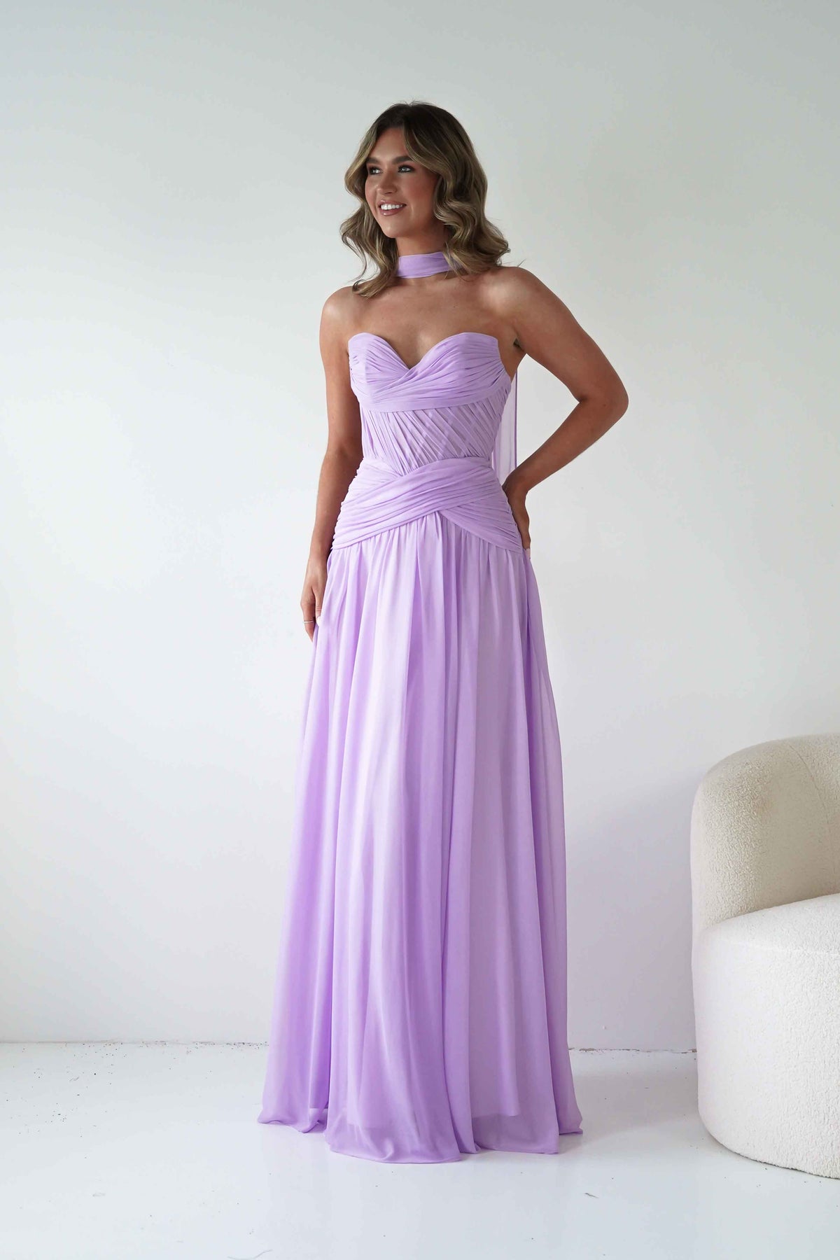 Nicolette Strapless Chiffon Maxi Gown | Lavender-Oh Hello Clothing