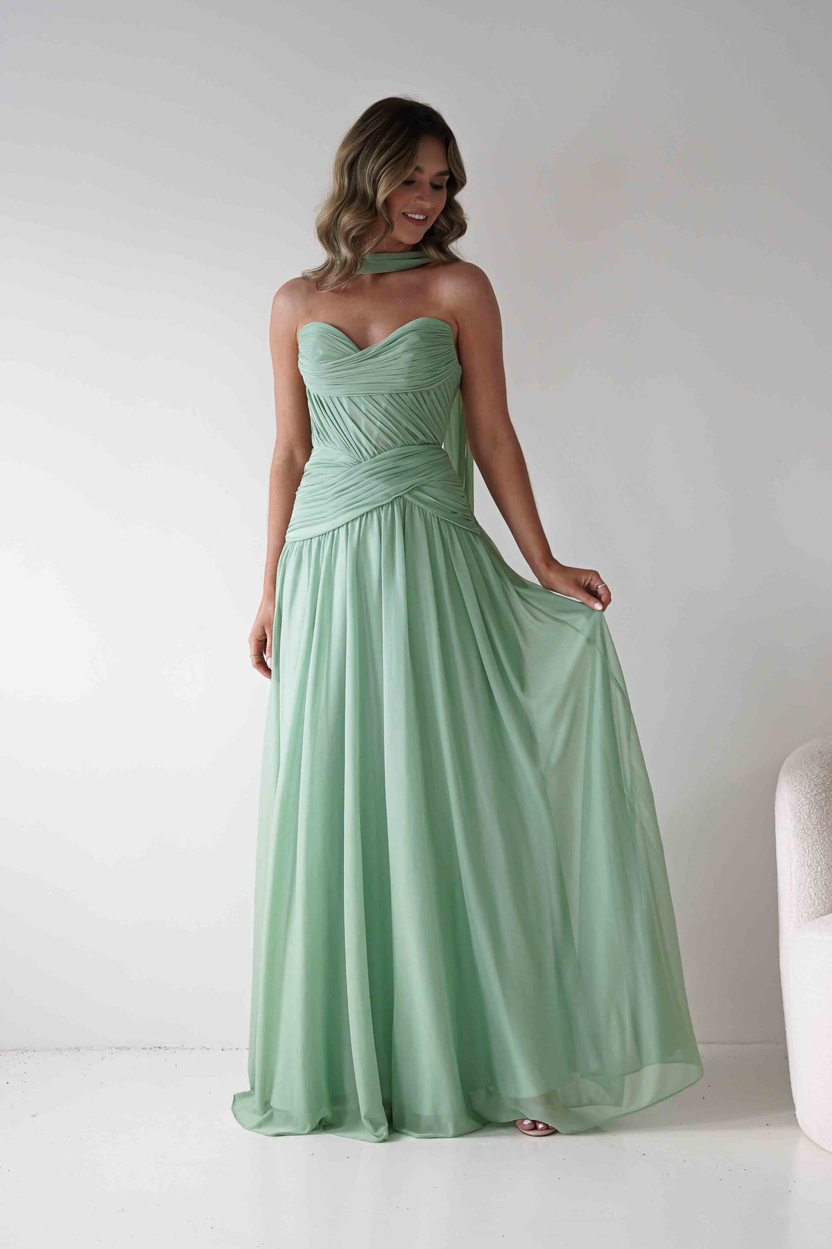 Nicolette Strapless Chiffon Maxi Gown | Sage-Oh Hello Clothing
