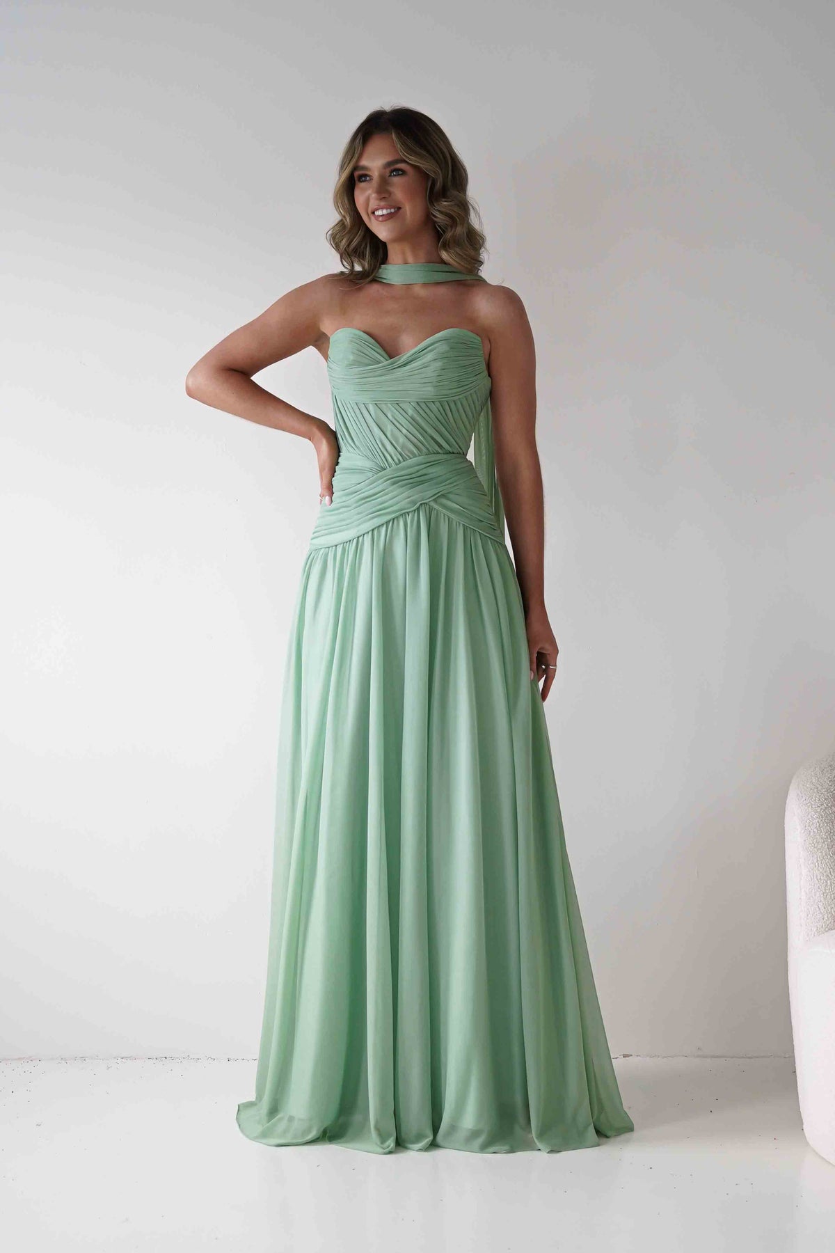 Nicolette Strapless Chiffon Maxi Gown | Sage-Oh Hello Clothing