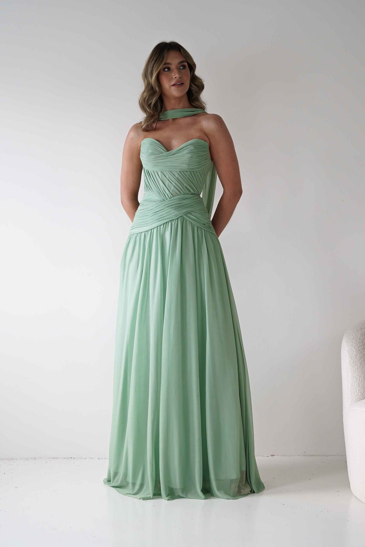 Nicolette Strapless Chiffon Maxi Gown | Sage-Oh Hello Clothing