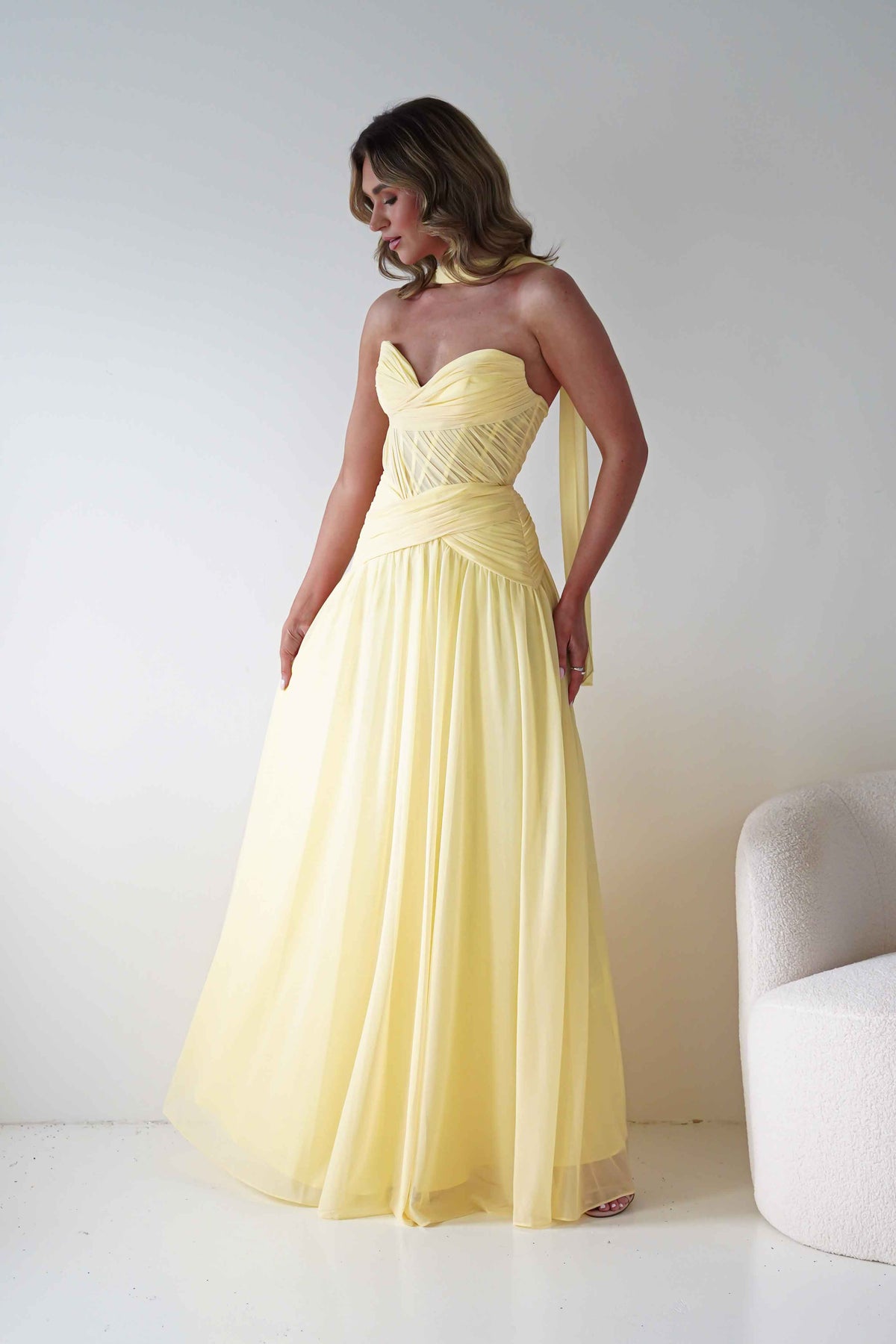Nicolette Strapless Chiffon Maxi Gown | Yellow-Oh Hello Clothing