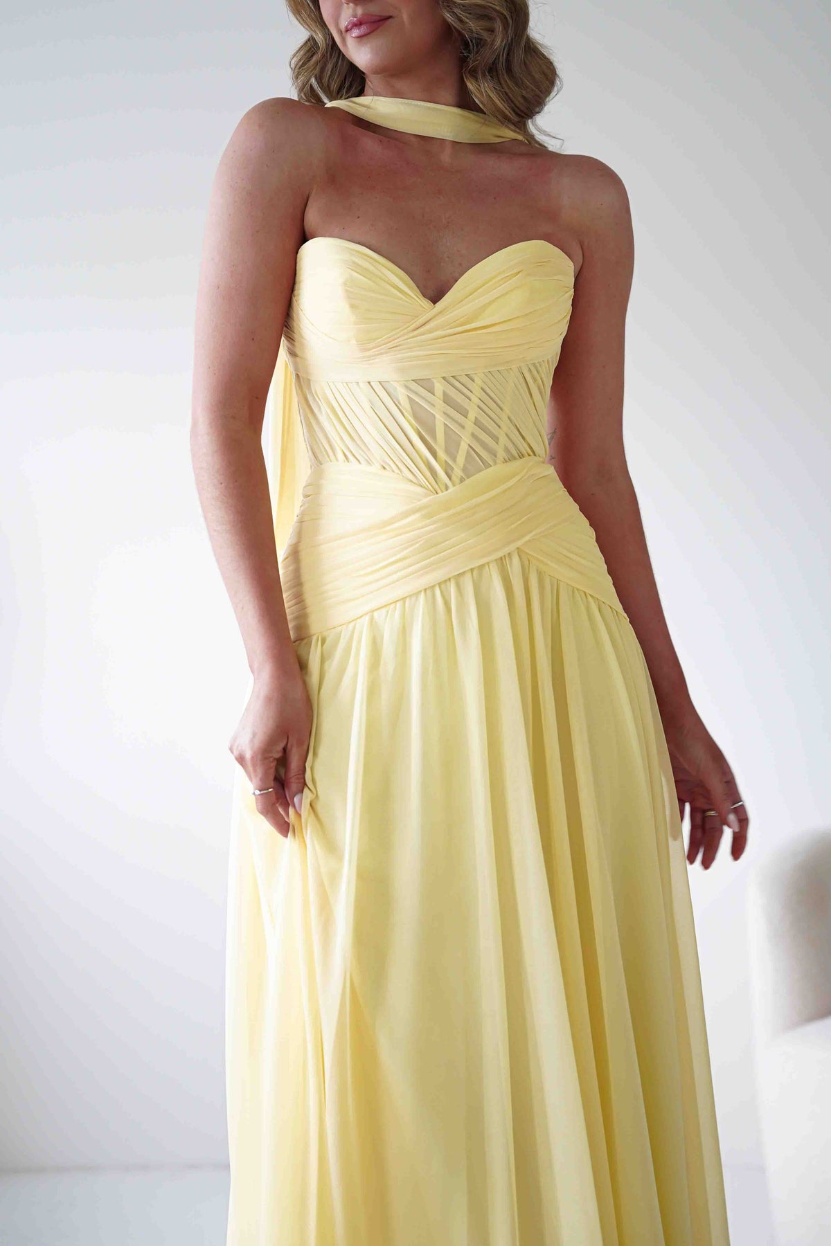 Nicolette Strapless Chiffon Maxi Gown | Yellow-Oh Hello Clothing