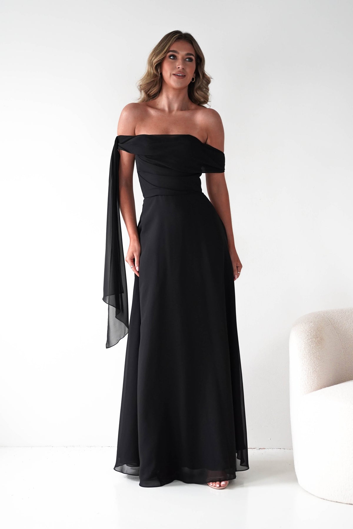 Ninette Off The Shoulder Chiffon Maxi Dress | Black-Oh Hello Clothing