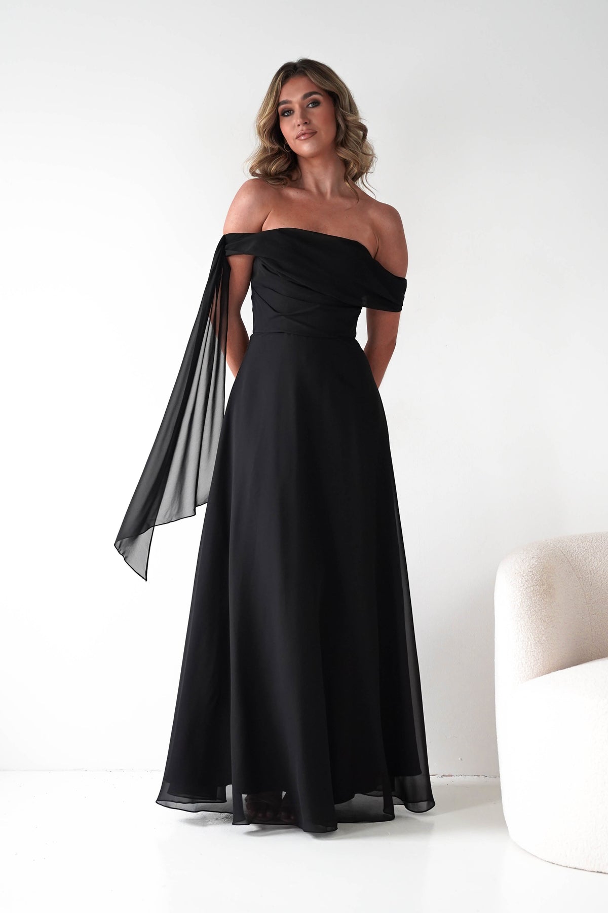 Ninette Off The Shoulder Chiffon Maxi Dress | Black-Oh Hello Clothing