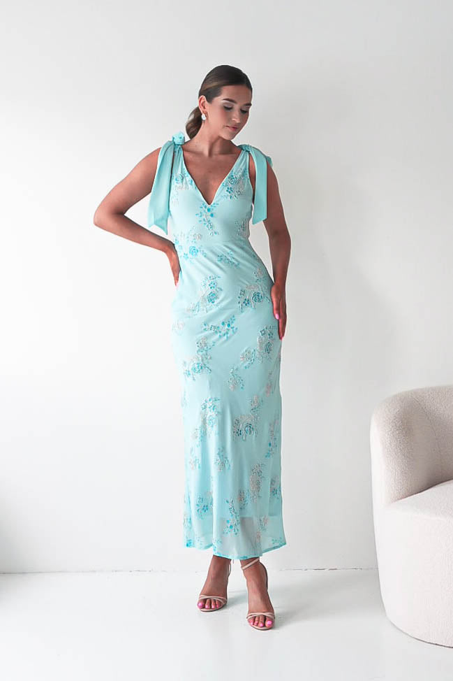 Noah Floral Embellished Maxi Dress | Turquoise Blue-Oh Hello Clothing