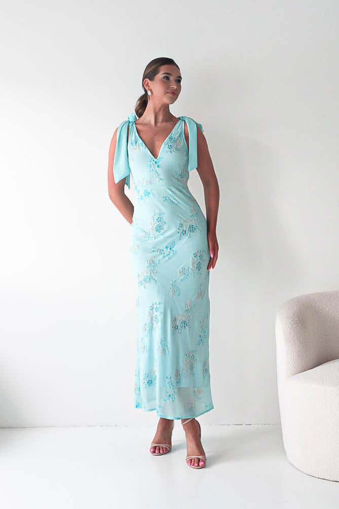 Noah Floral Embellished Maxi Dress | Turquoise Blue-Oh Hello Clothing
