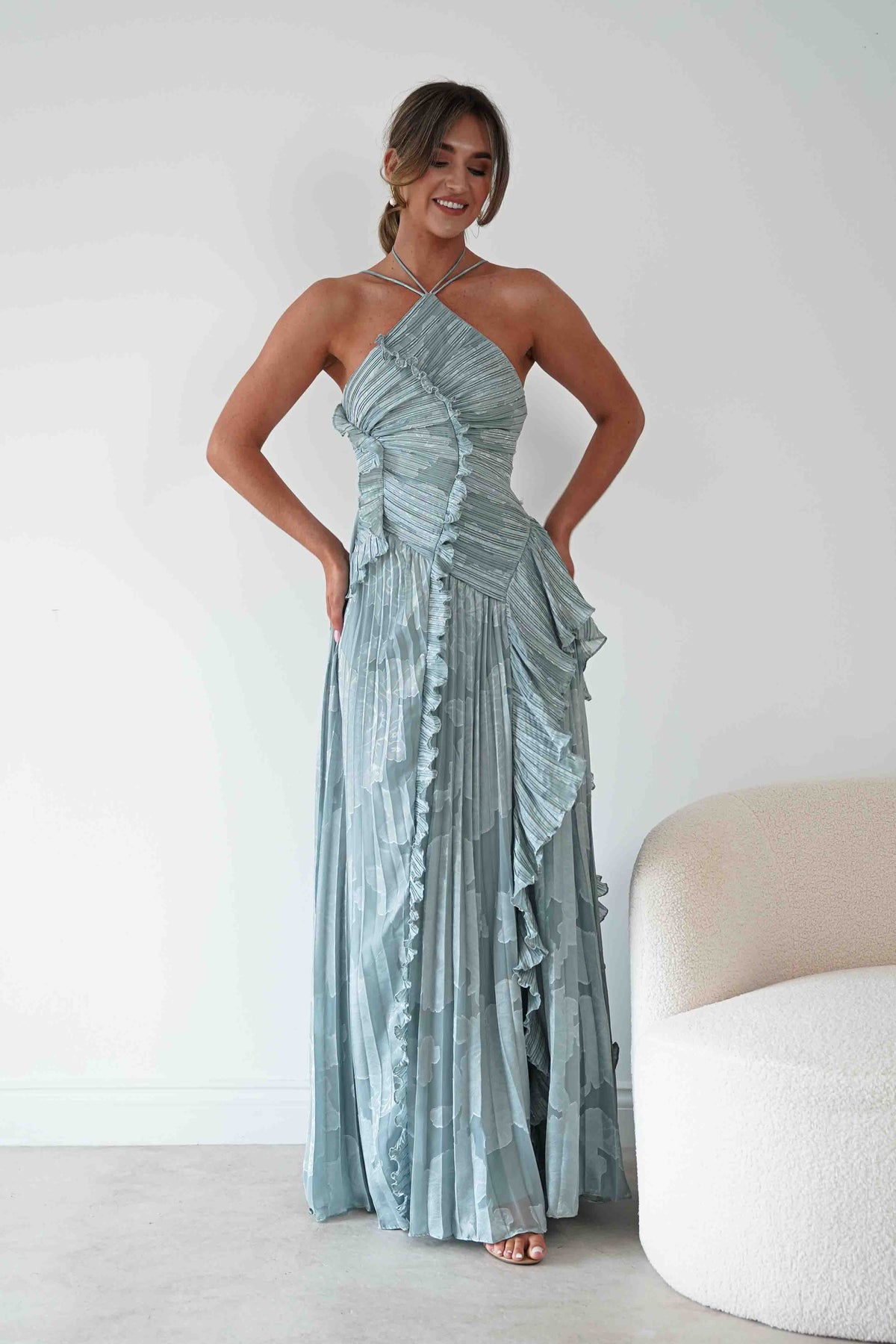 Oaklyn Floral Textured Ruffle Pleated Maxi Dress | Dusty Blue-Oh Hello Clothing