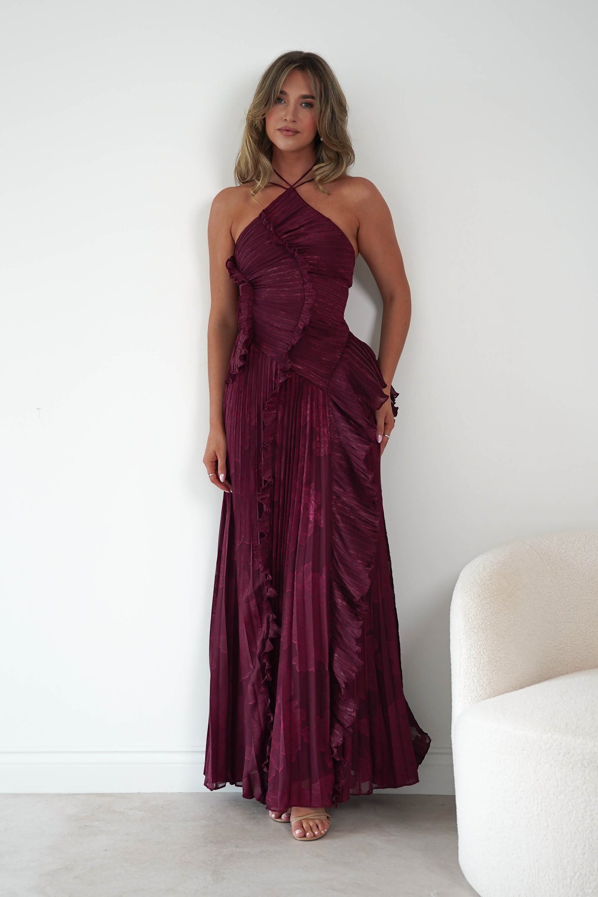 Oaklyn Floral Textured Ruffle Pleated Maxi Dress | Wine-Oh Hello Clothing