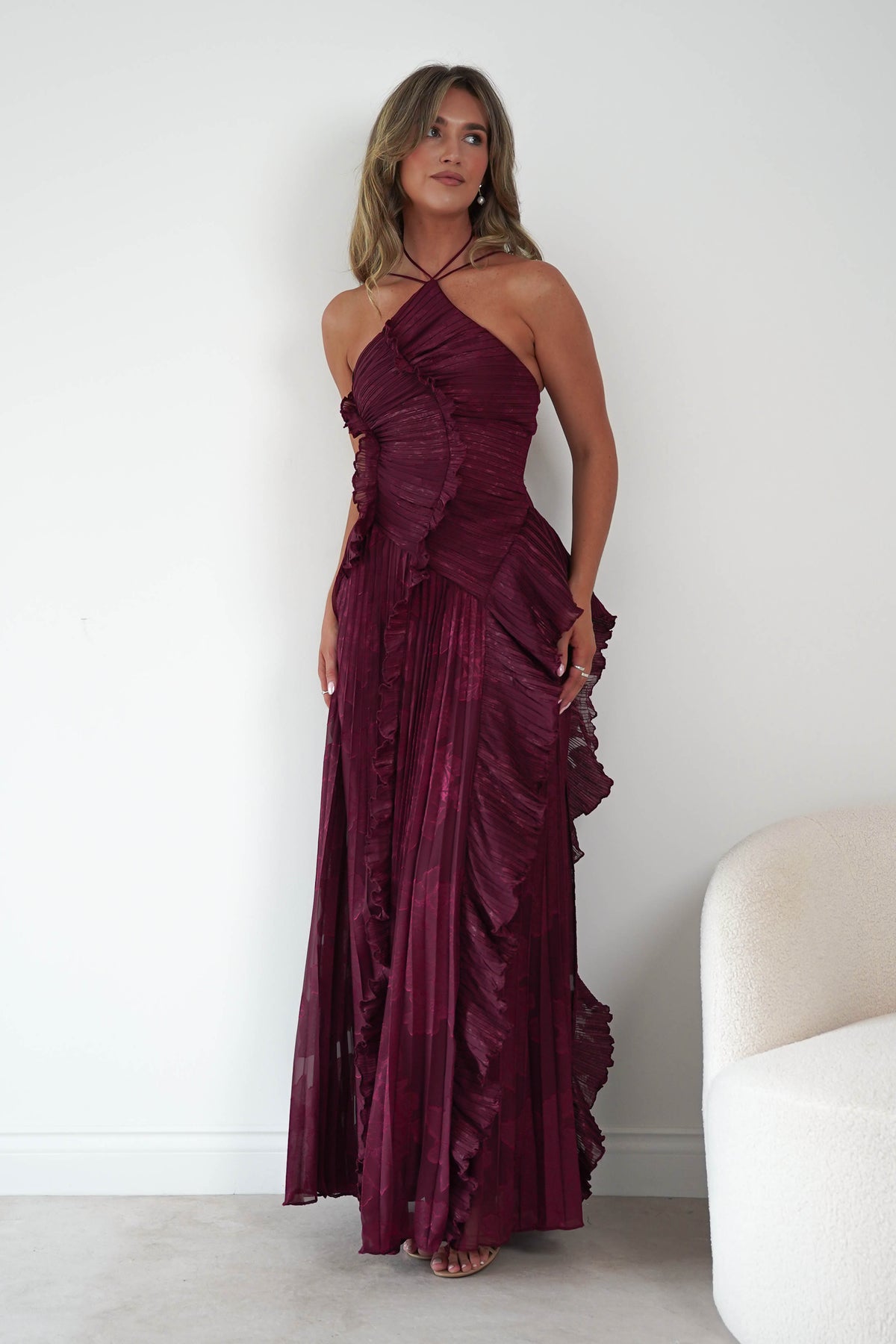 Oaklyn Floral Textured Ruffle Pleated Maxi Dress | Wine-Oh Hello Clothing