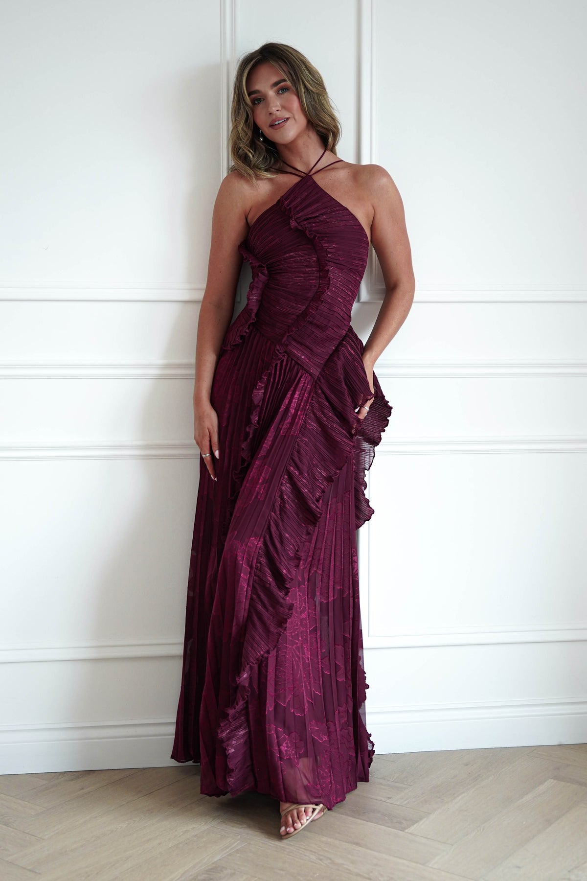 Oaklyn Floral Textured Ruffle Pleated Maxi Dress | Wine-Oh Hello Clothing