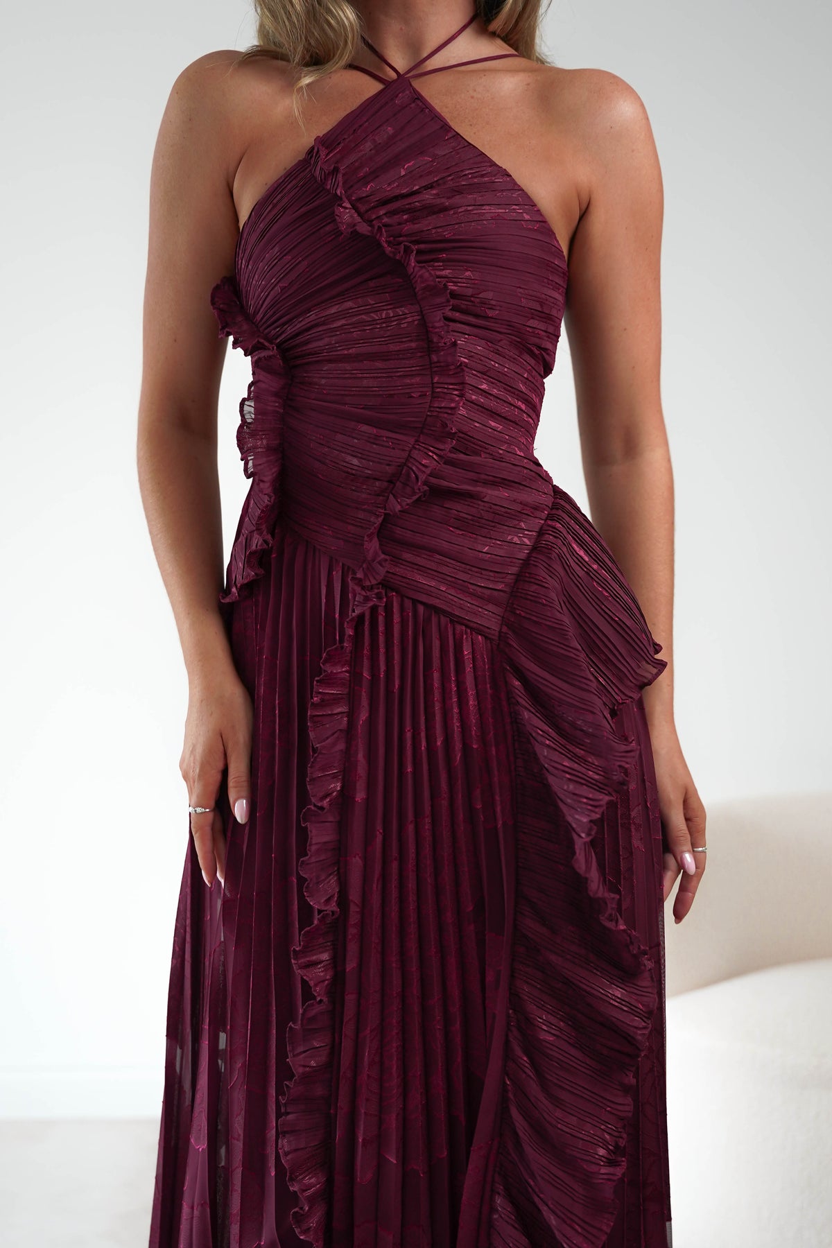 Oaklyn Floral Textured Ruffle Pleated Maxi Dress | Wine-Oh Hello Clothing