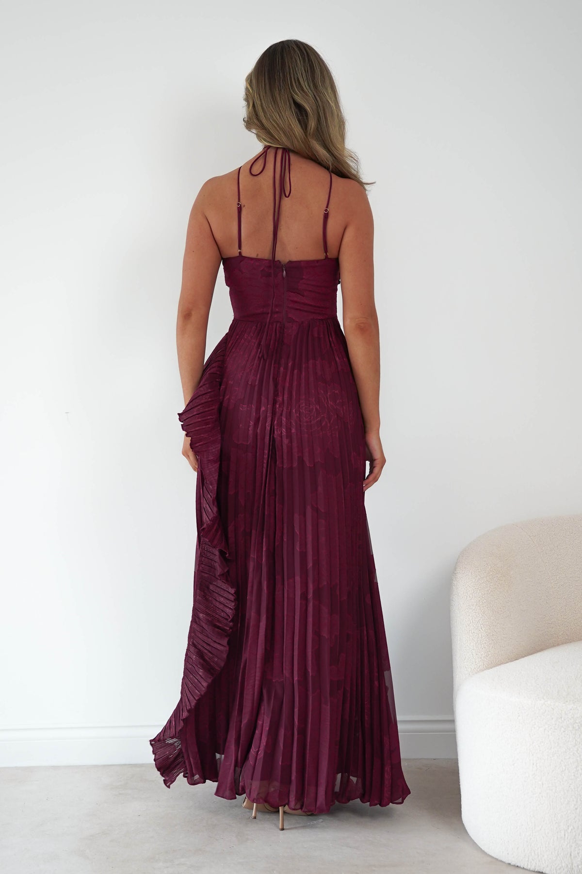 Oaklyn Floral Textured Ruffle Pleated Maxi Dress | Wine-Oh Hello Clothing