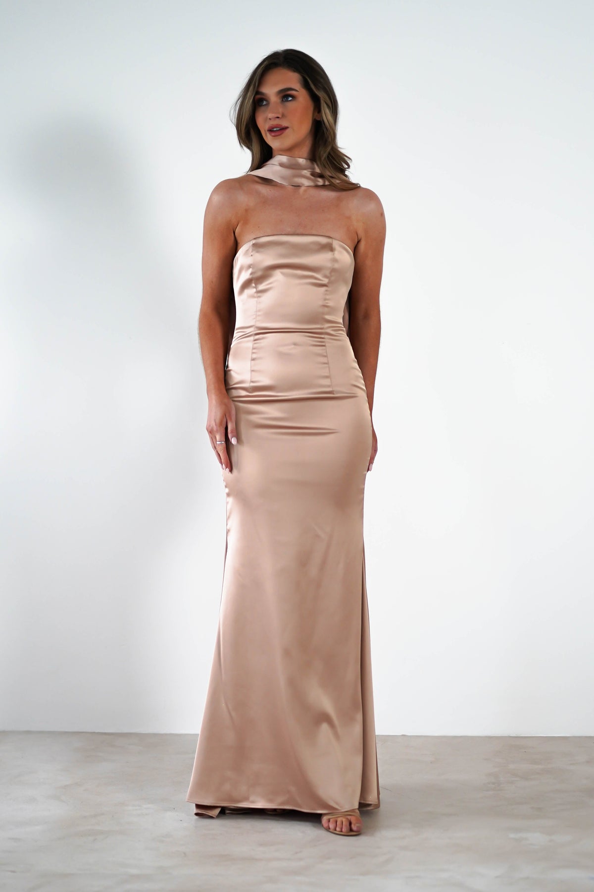 Orellia Satin Strapless Maxi Dress | Gold-Oh Hello Clothing