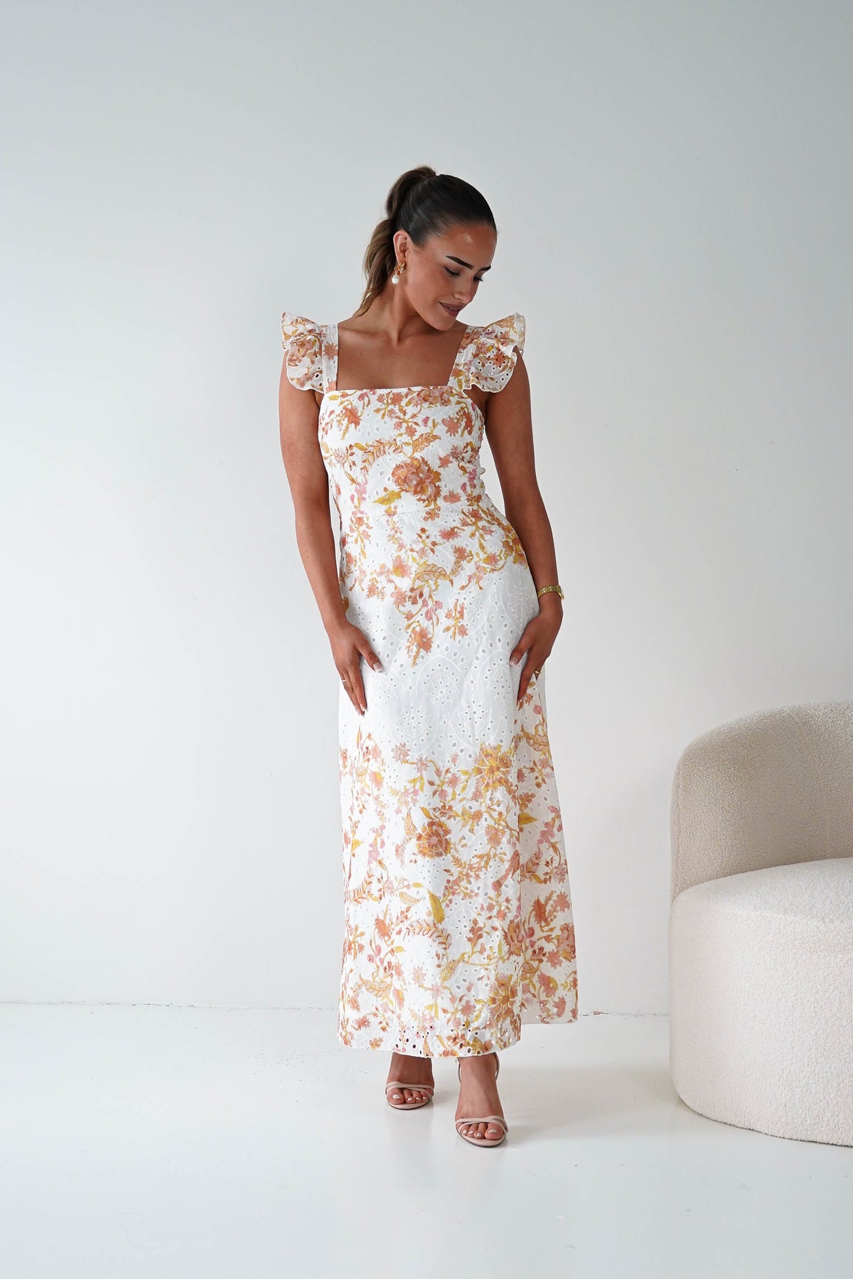 Orla Floral Print Maxi Dress | Orange/White-Oh Hello Clothing
