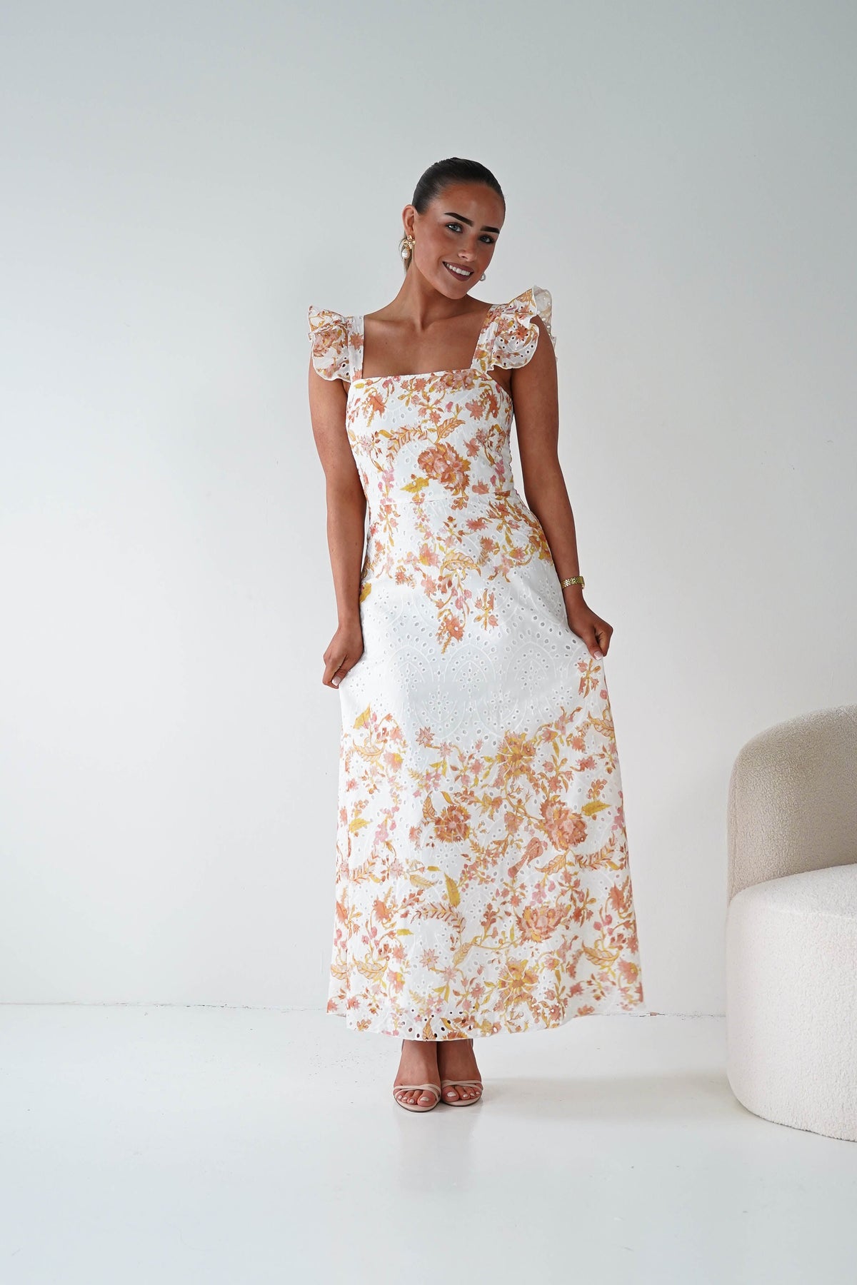 Orla Floral Print Maxi Dress | Orange/White-Oh Hello Clothing