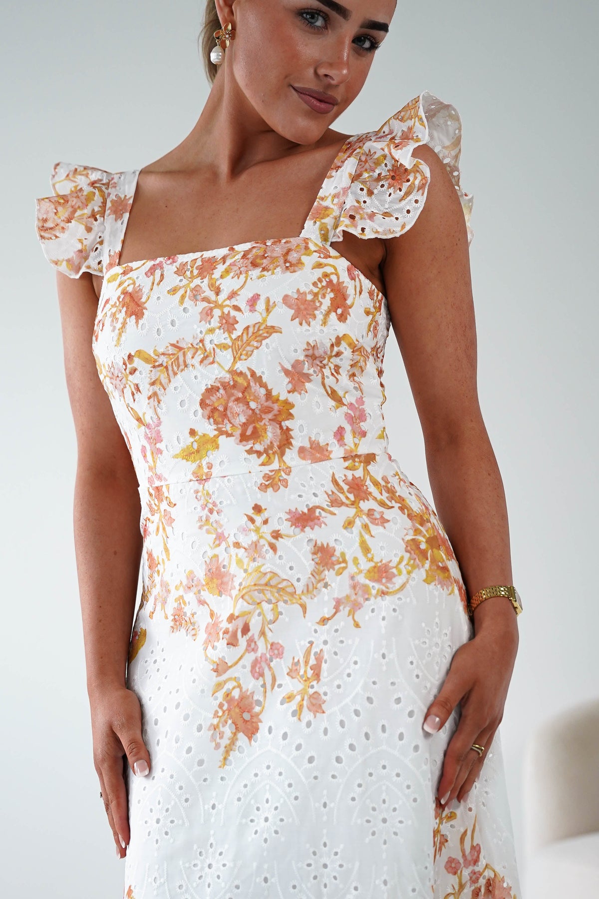 Orla Floral Print Maxi Dress | Orange/White-Oh Hello Clothing