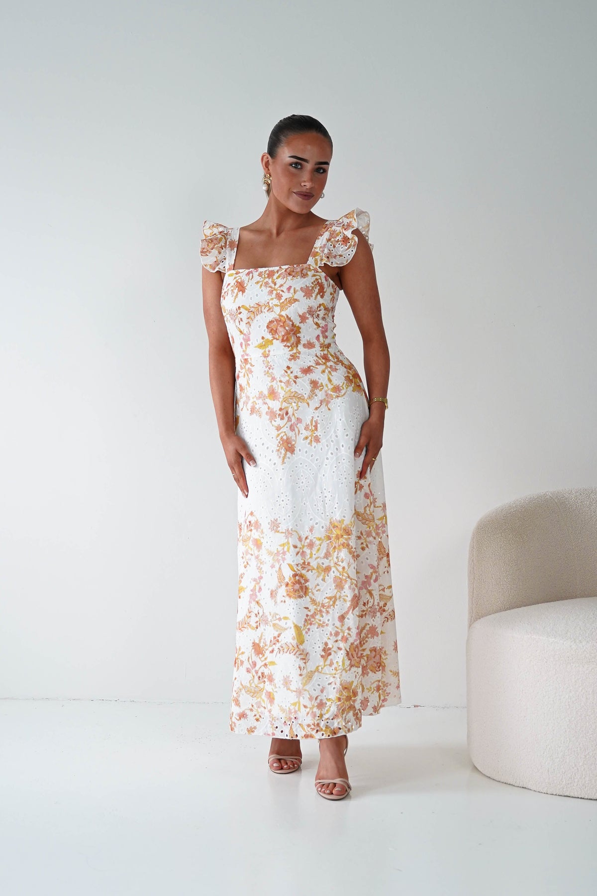 Orla Floral Print Maxi Dress | Orange/White-Oh Hello Clothing