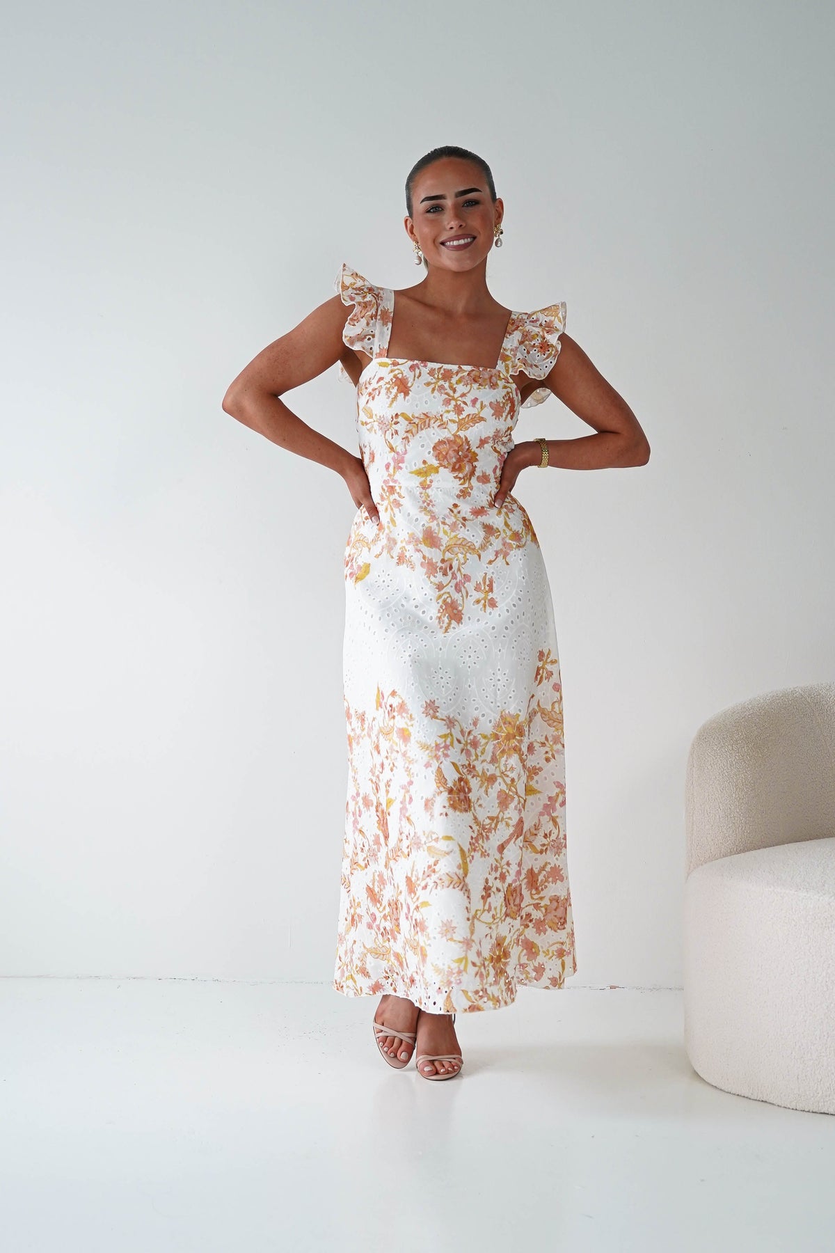 Orla Floral Print Maxi Dress | Orange/White-Oh Hello Clothing