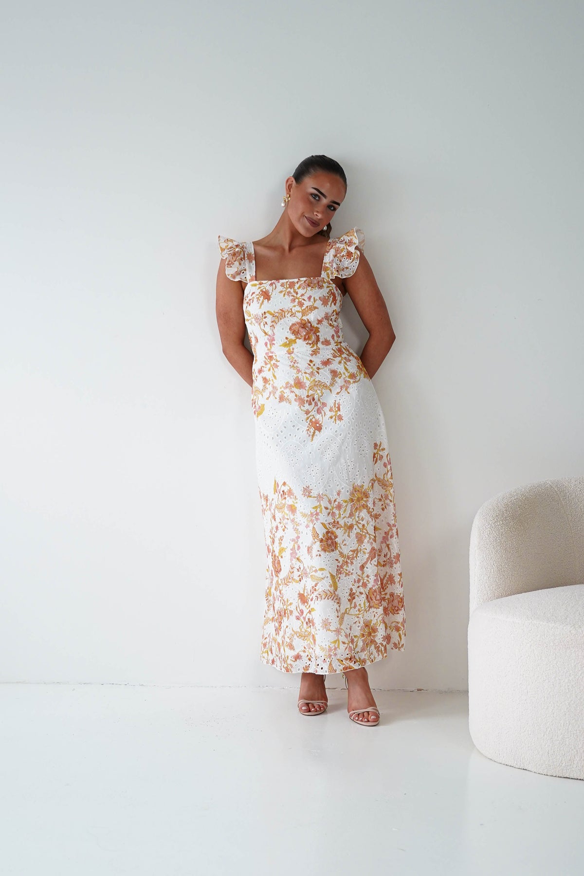 Orla Floral Print Maxi Dress | Orange/White-Oh Hello Clothing