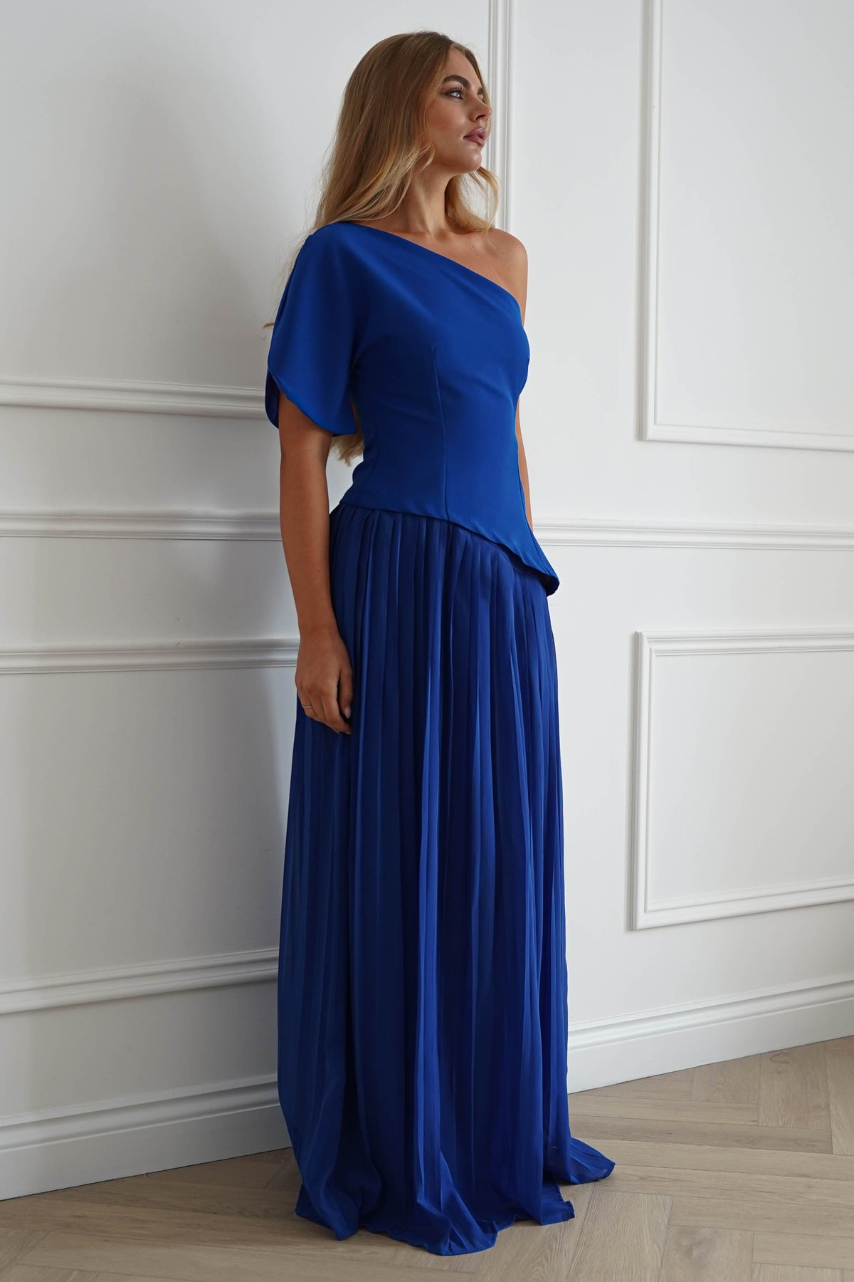 Orla One Shoulder Pleated Maxi Dress | Royal Blue-Oh Hello Clothing