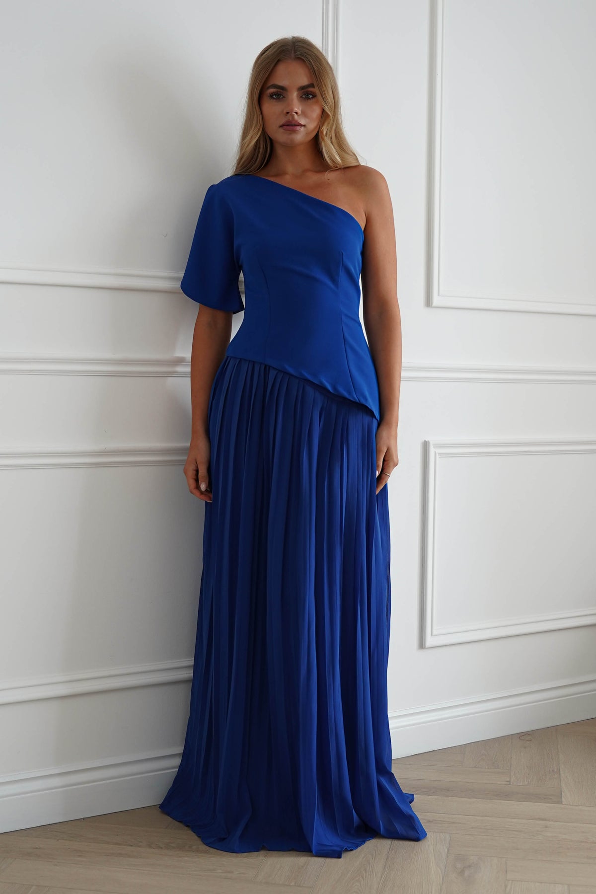 Orla One Shoulder Pleated Maxi Dress | Royal Blue-Oh Hello Clothing