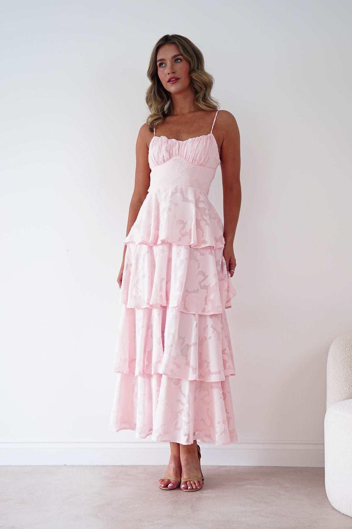 Patsy Floral Jacquard Tiered Maxi Dress | Blush-Oh Hello Clothing