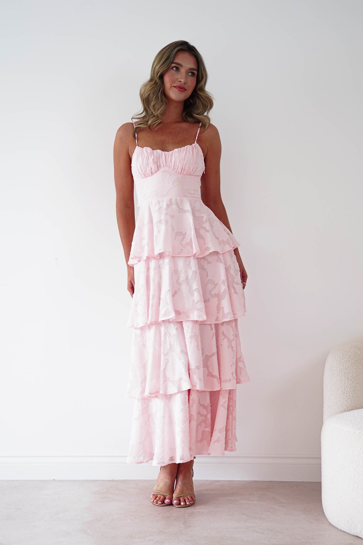 Patsy Floral Jacquard Tiered Maxi Dress | Blush-Oh Hello Clothing