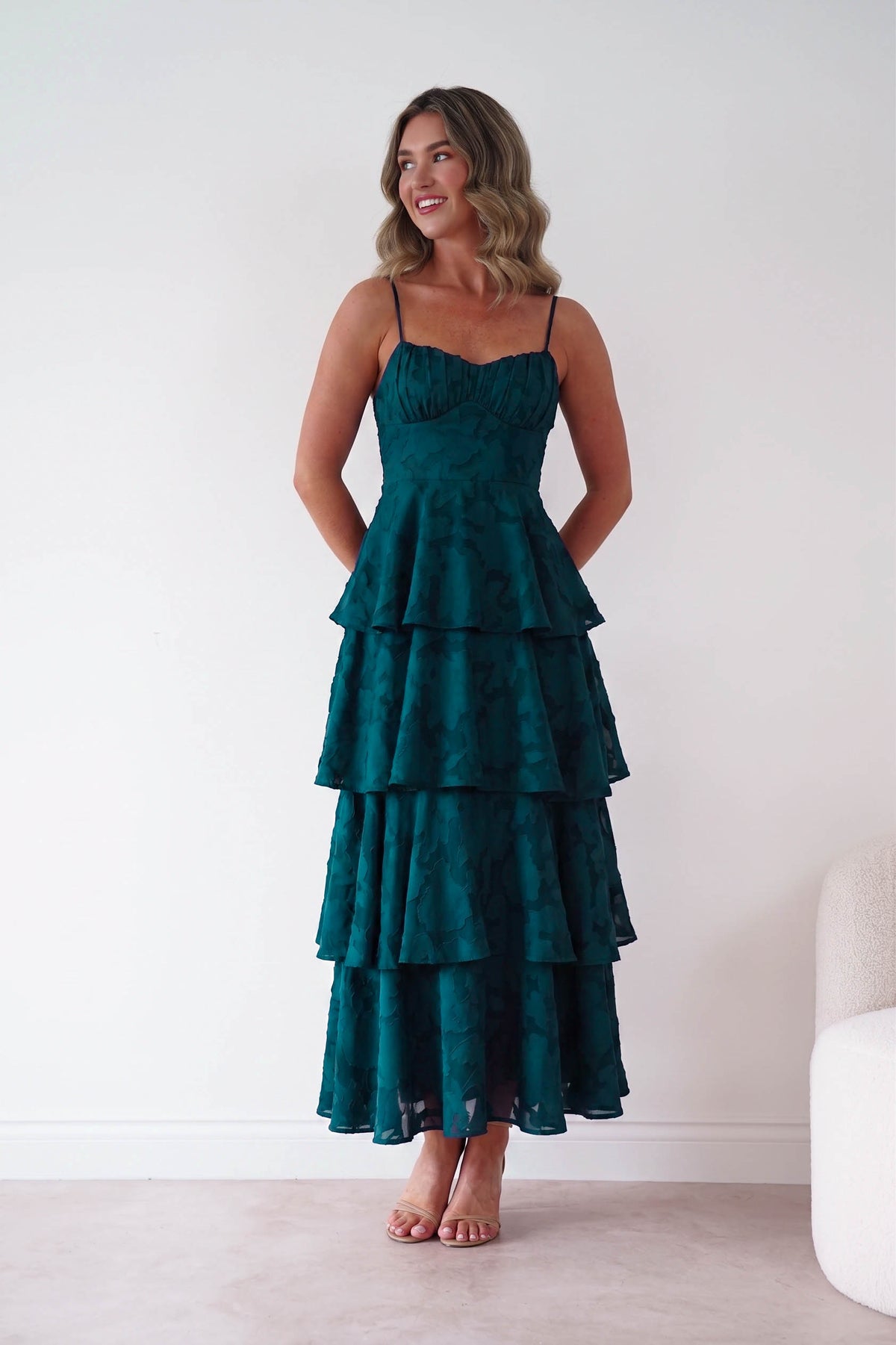 Patsy Floral Jacquard Tiered Maxi Dress | Green-Oh Hello Clothing