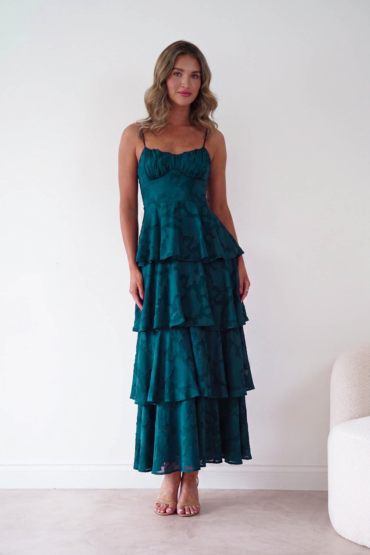 Patsy Floral Jacquard Tiered Maxi Dress | Green-Oh Hello Clothing