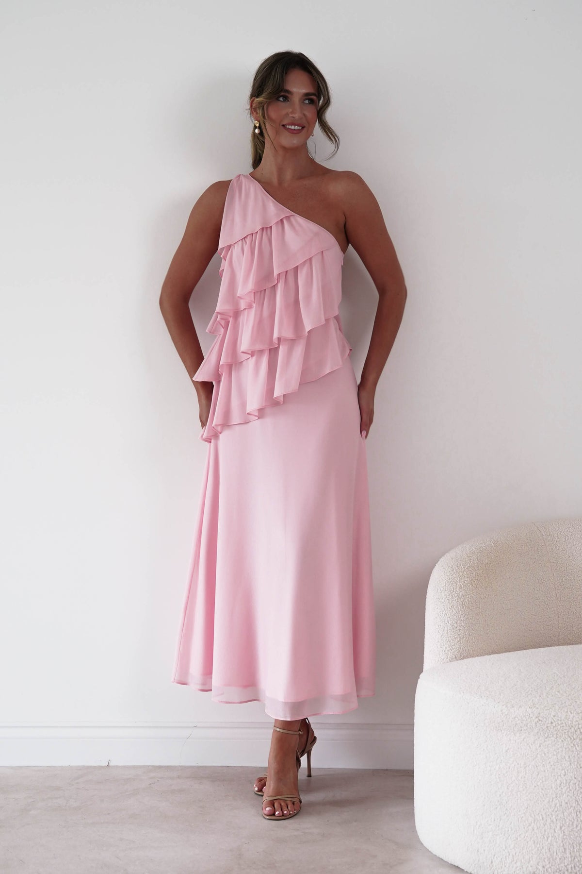Peaches Asymmetric Ruffle Maxi Dress | Pink-Oh Hello Clothing
