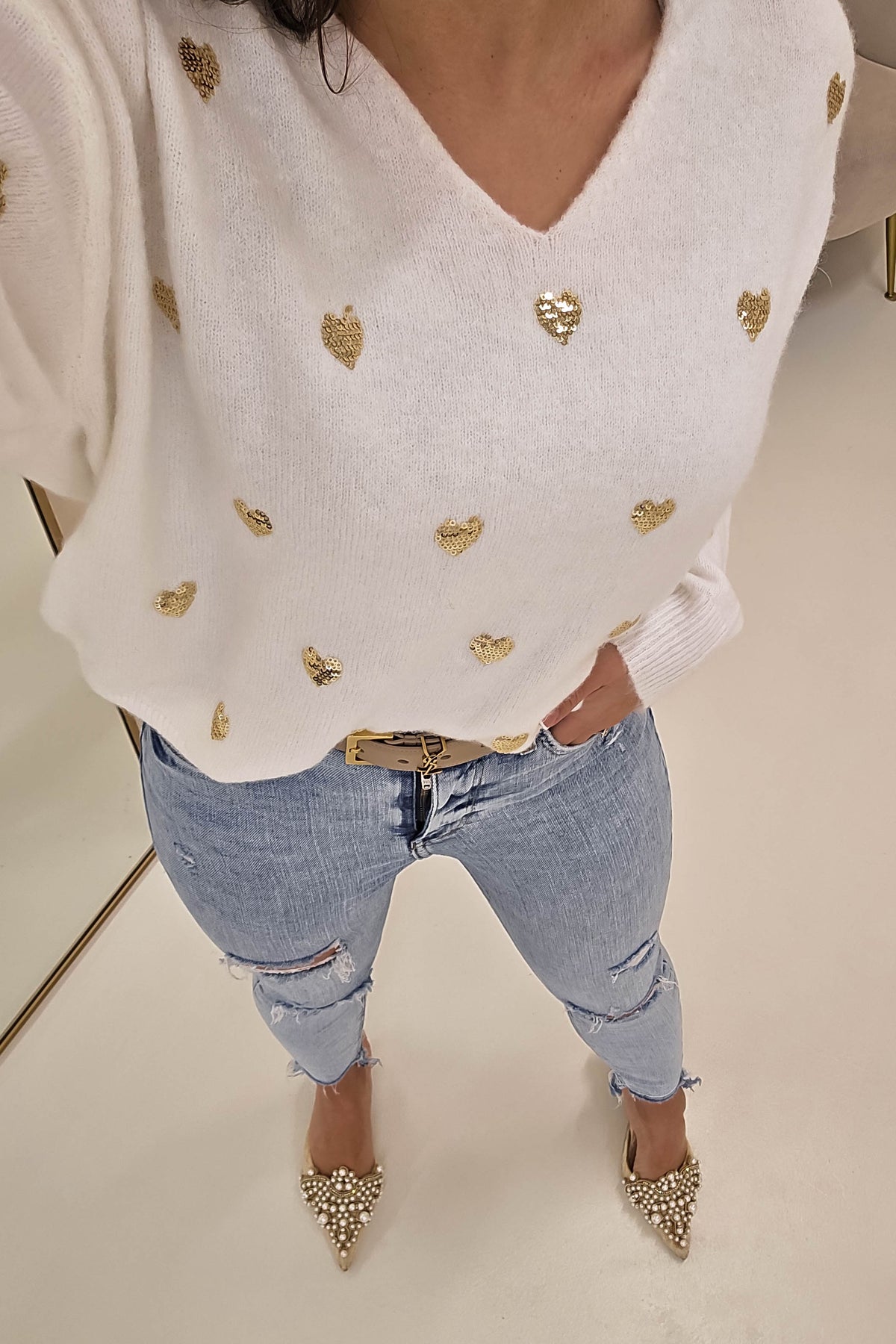 Pia Sequin Heart Detail Jumper | White-Oh Hello Clothing