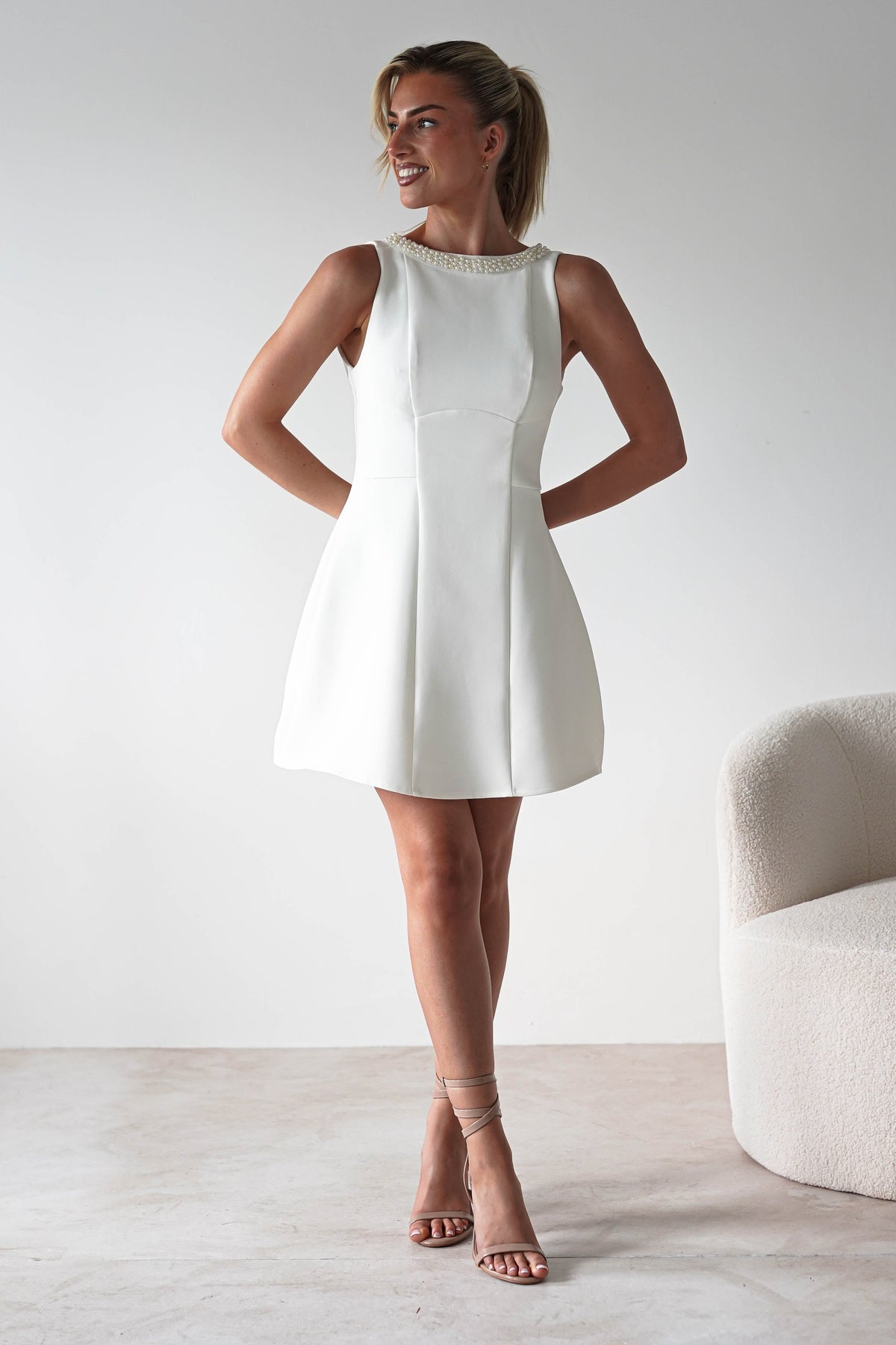 Polly Structured Pearl Detail Mini Dress | White-Oh Hello Clothing