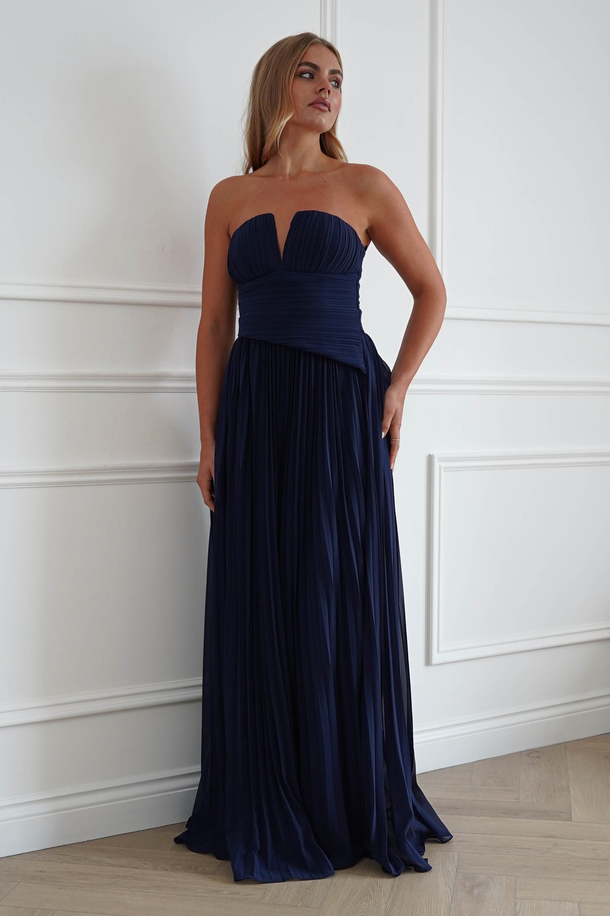 Porto Strapless Pleated Chiffon Maxi Dress | Navy-Oh Hello Clothing