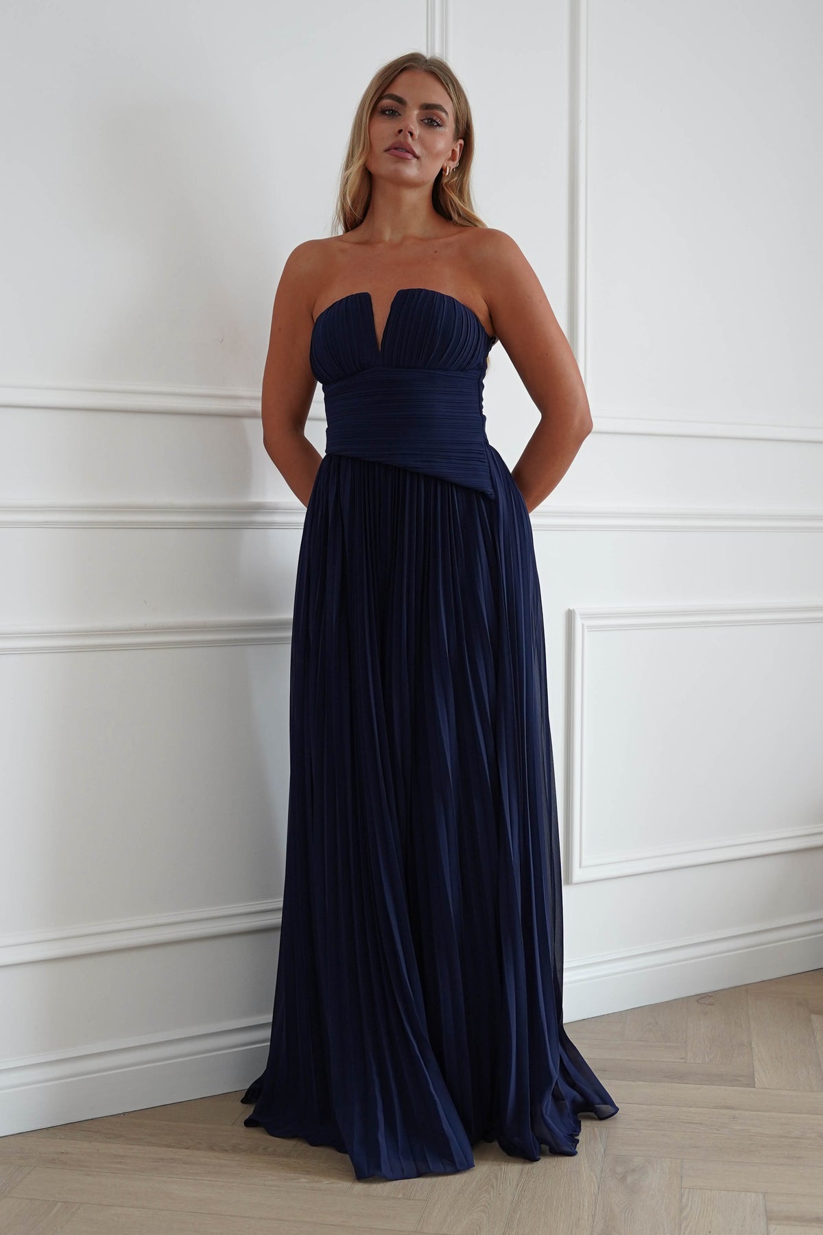 Porto Strapless Pleated Chiffon Maxi Dress | Navy-Oh Hello Clothing