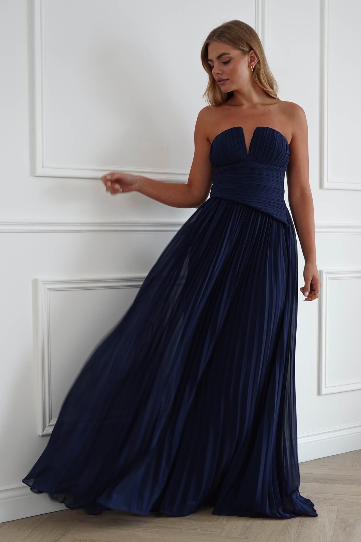 Porto Strapless Pleated Chiffon Maxi Dress | Navy-Oh Hello Clothing
