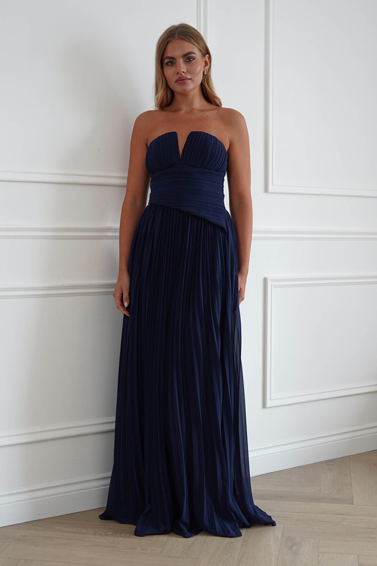 Porto Strapless Pleated Chiffon Maxi Dress | Navy-Oh Hello Clothing