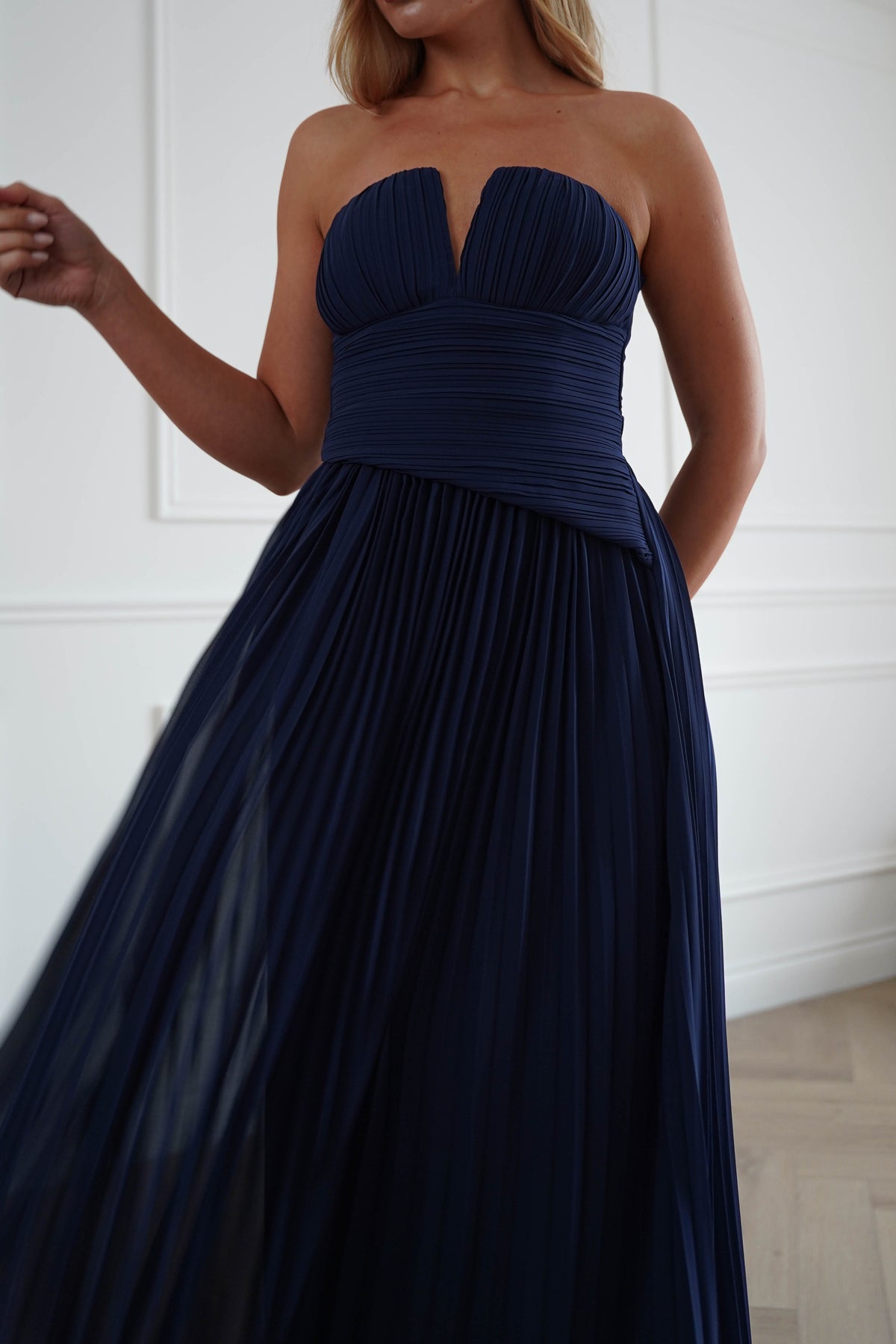Porto Strapless Pleated Chiffon Maxi Dress | Navy-Oh Hello Clothing