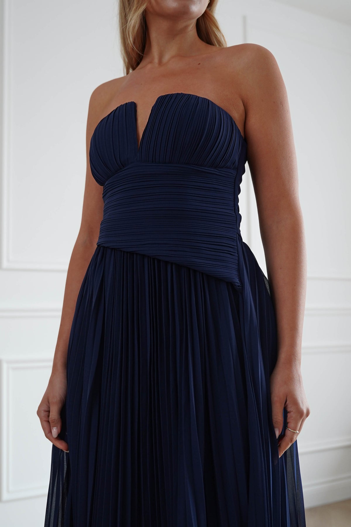 Porto Strapless Pleated Chiffon Maxi Dress | Navy-Oh Hello Clothing