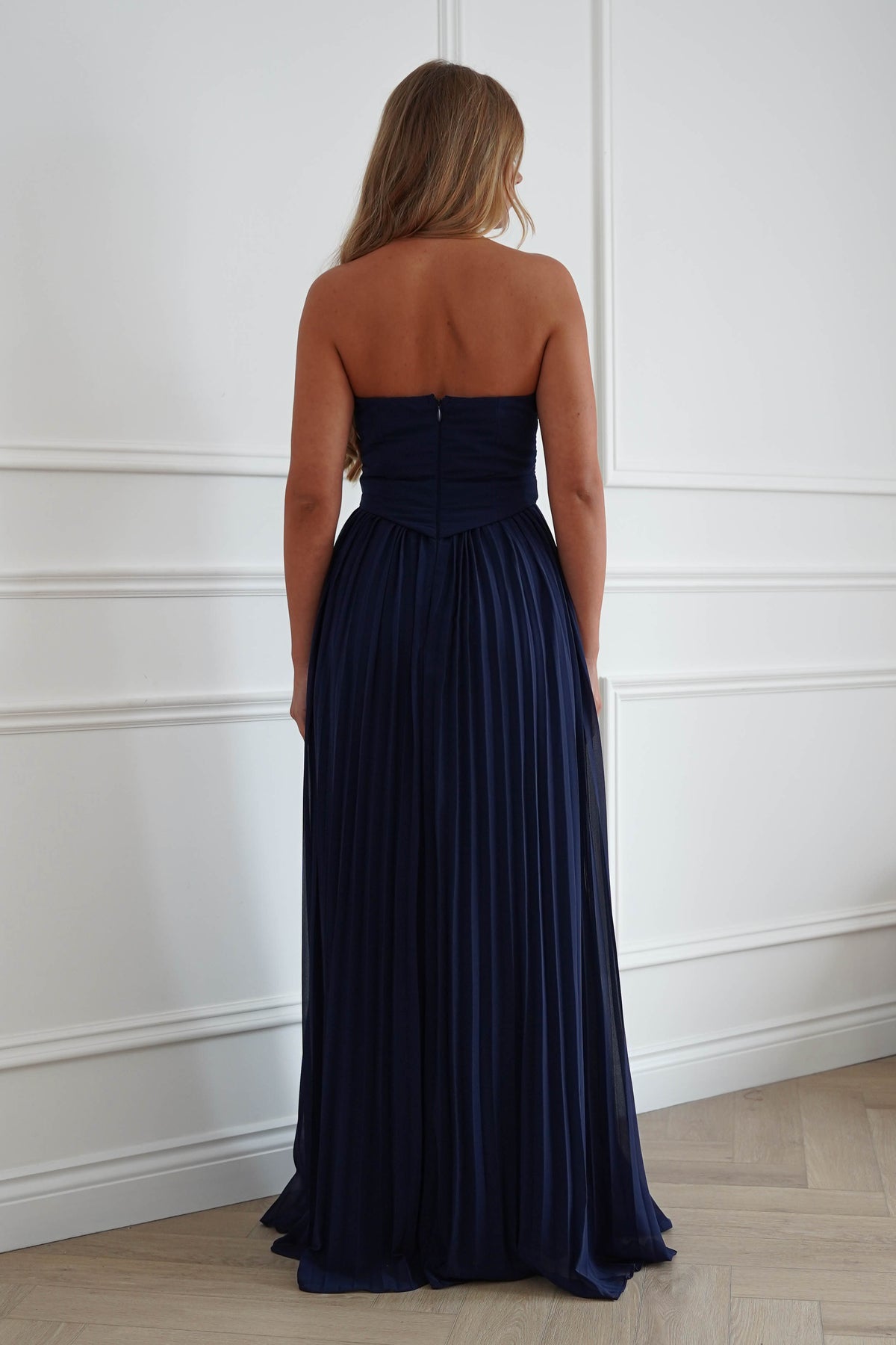 Porto Strapless Pleated Chiffon Maxi Dress | Navy-Oh Hello Clothing