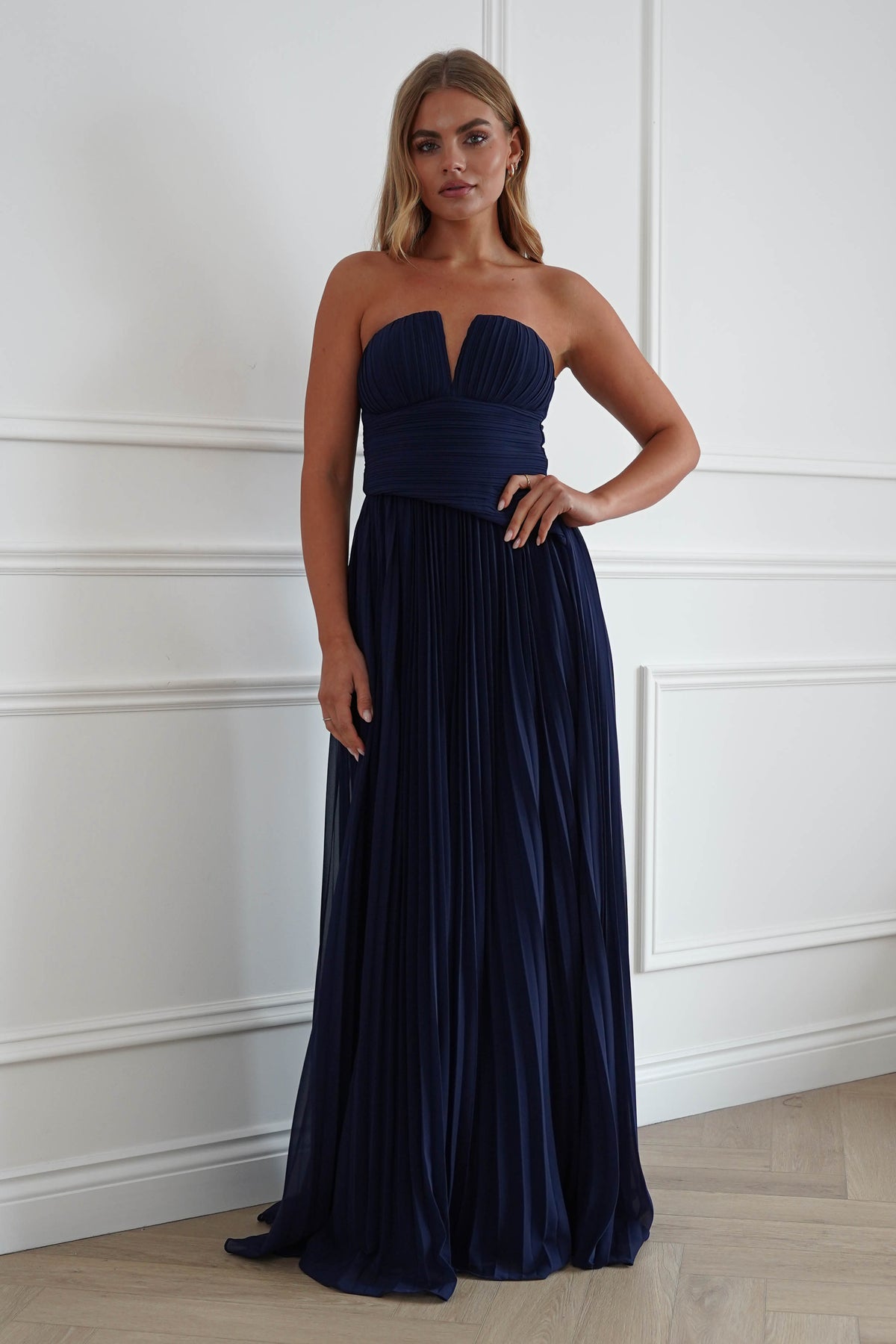 Porto Strapless Pleated Chiffon Maxi Dress | Navy-Oh Hello Clothing