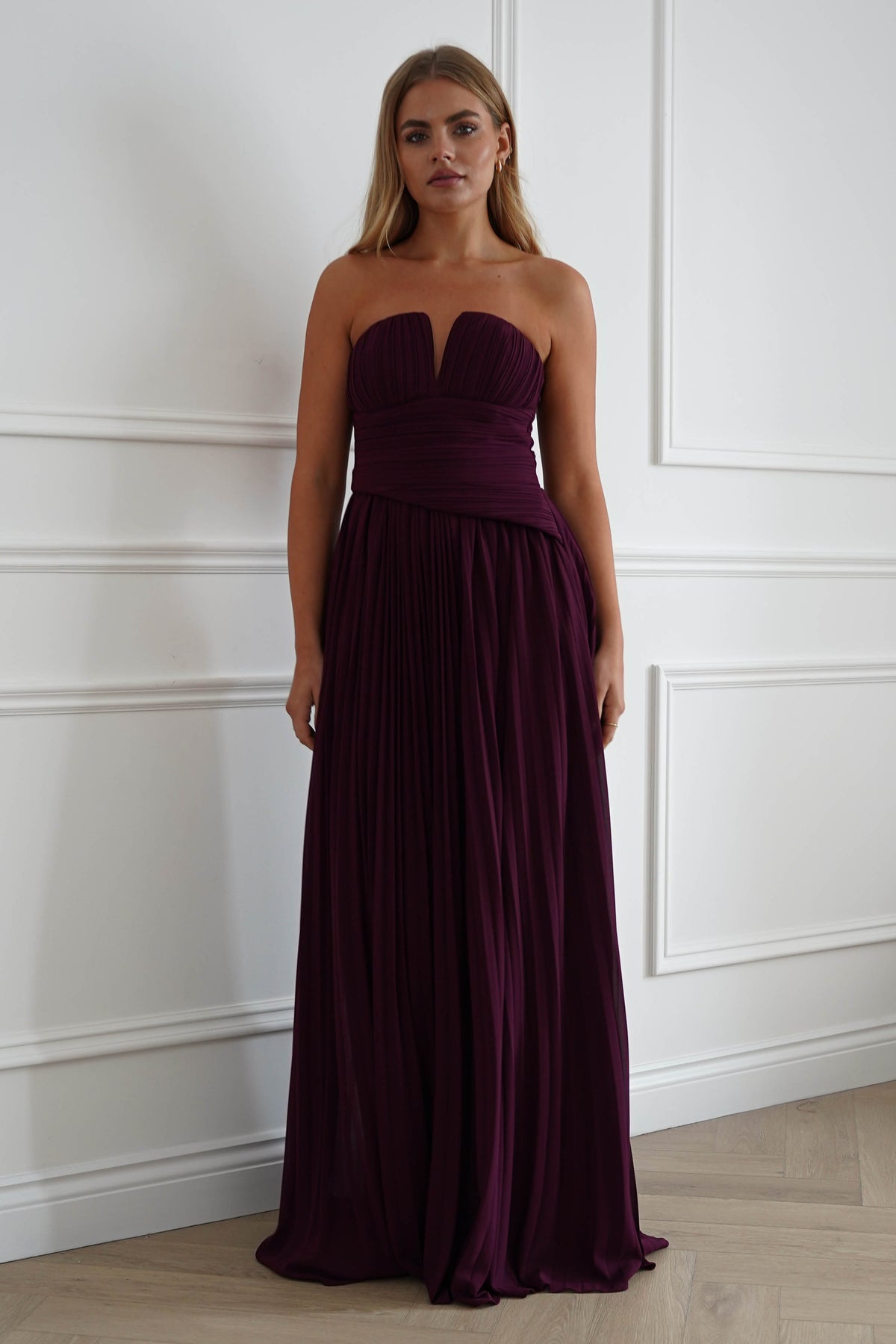 Porto Strapless Pleated Chiffon Maxi Dress | Wine-Oh Hello Clothing
