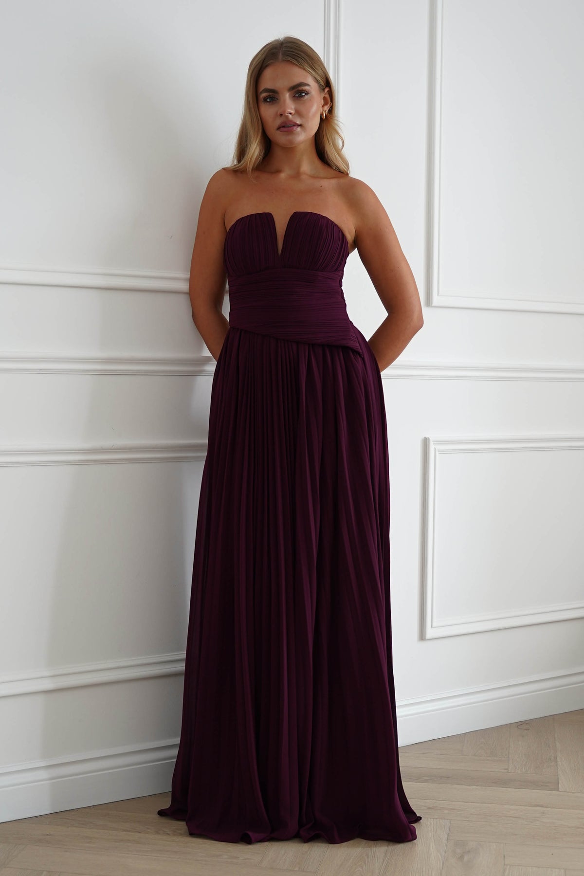 Porto Strapless Pleated Chiffon Maxi Dress | Wine-Oh Hello Clothing