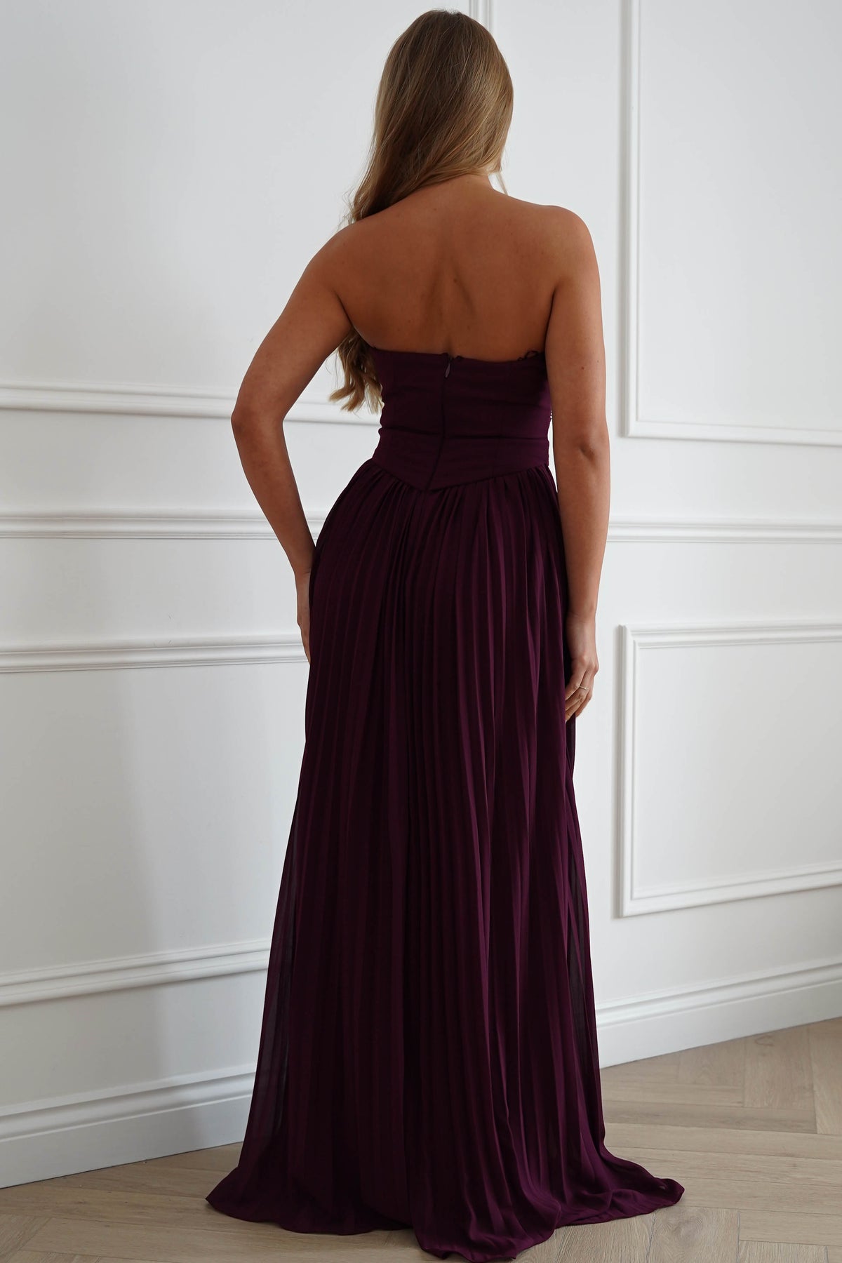 Porto Strapless Pleated Chiffon Maxi Dress | Wine-Oh Hello Clothing
