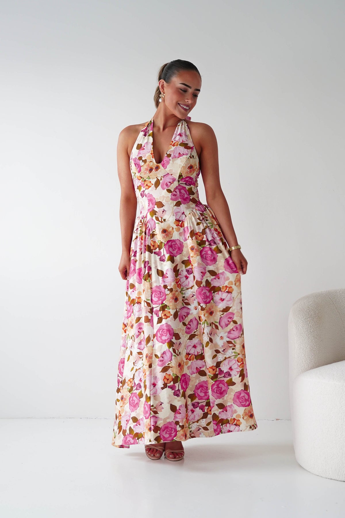 Primrose Floral Print Halterneck Maxi Dress | Pink/Orange-Oh Hello Clothing