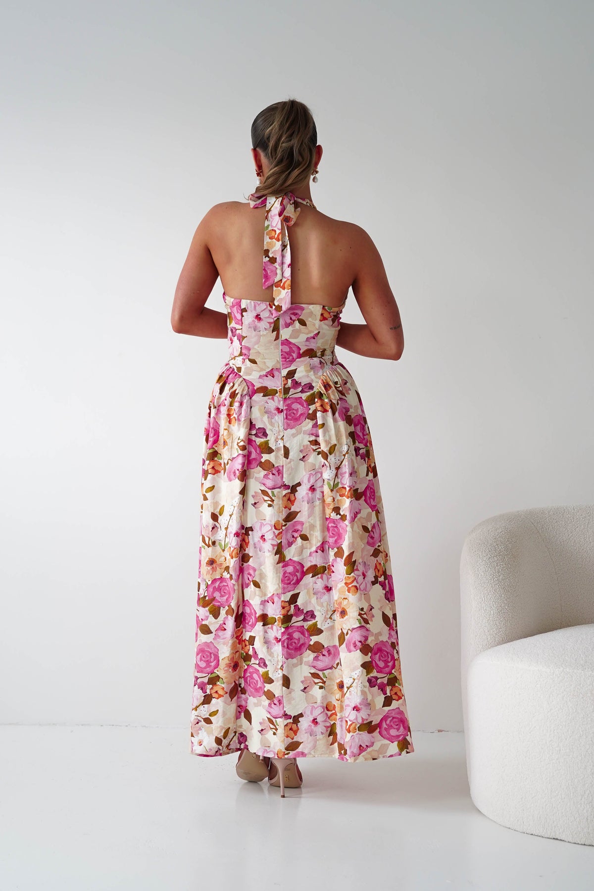 Primrose Floral Print Halterneck Maxi Dress | Pink/Orange-Oh Hello Clothing