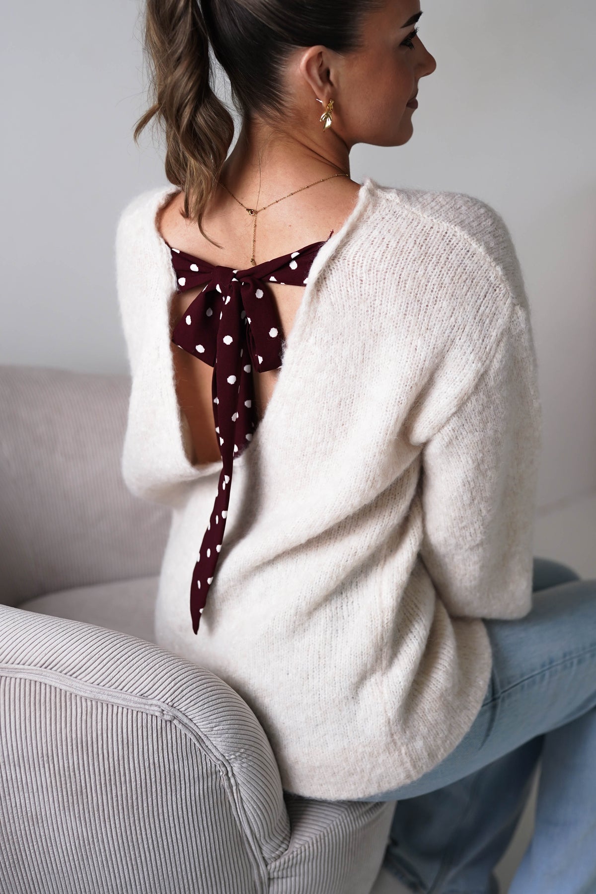 Rachel Polka Dot Bow Back Knit Jumper | Beige-Oh Hello Clothing