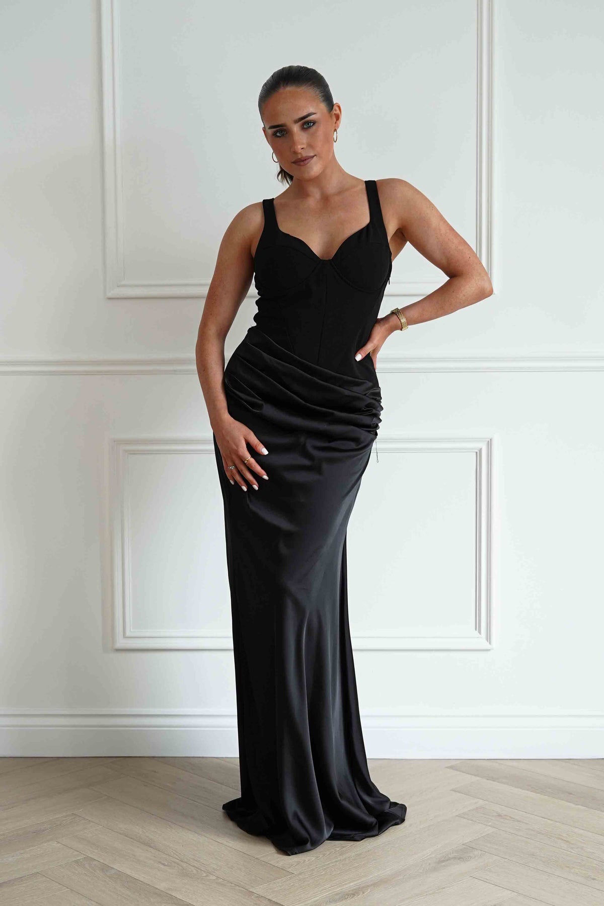 Rachel Structured Draped Maxi Dress | Black-Oh Hello Clothing